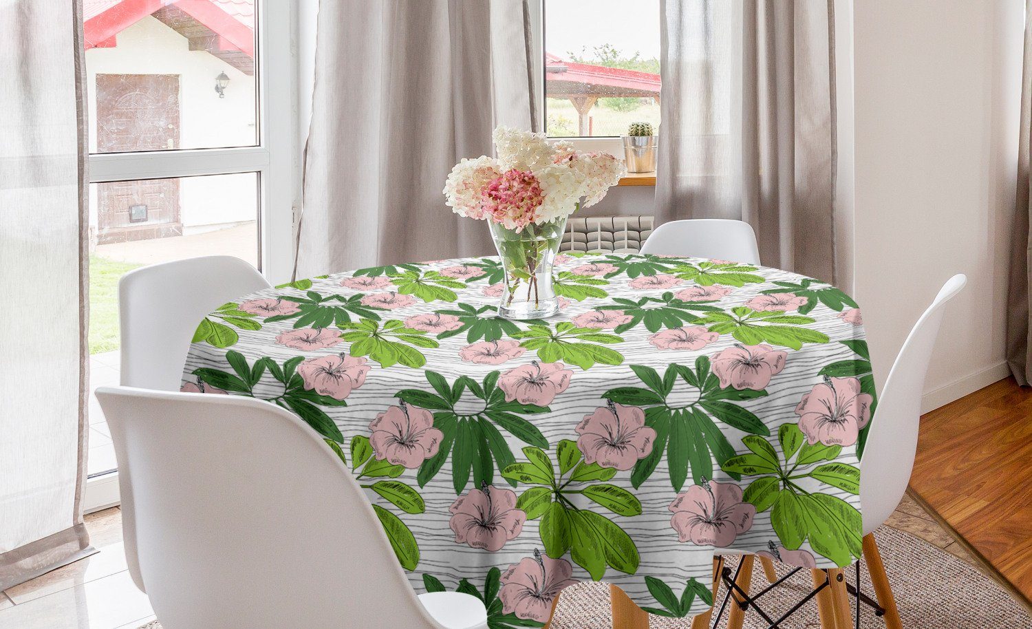 Abakuhaus Tischdecke Kreis Tischdecke Abdeckung für Esszimmer Küche Dekoration, Tropisch Hibiscus Flora Hand gezeichnet