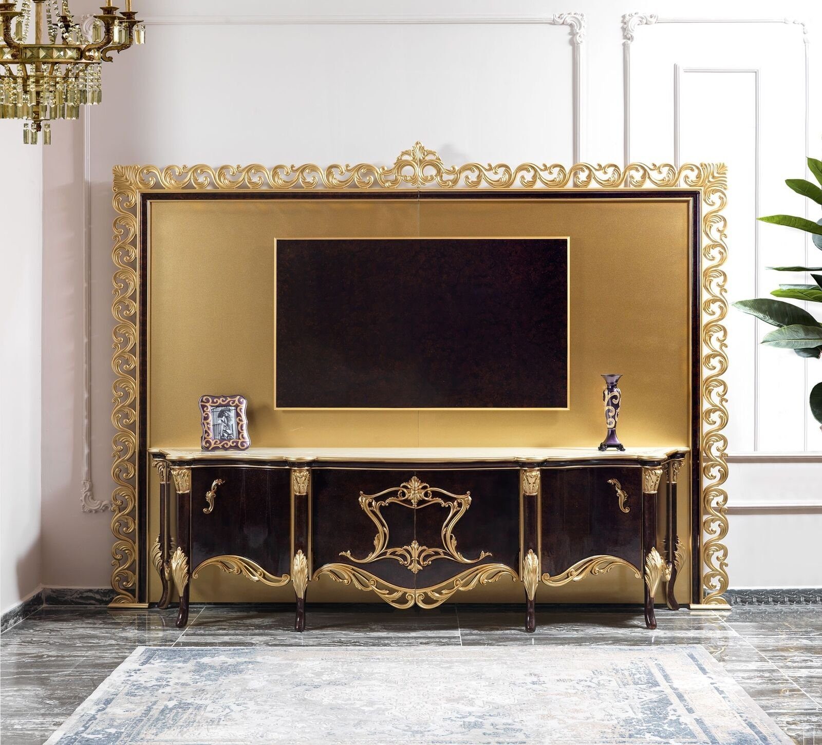 JVmoebel TV-Schrank Luxus TV Ständer Sideboard RTV Holz Gold Wohnzimmer Tisch (4-St., TV-Schrank) Made in Europe