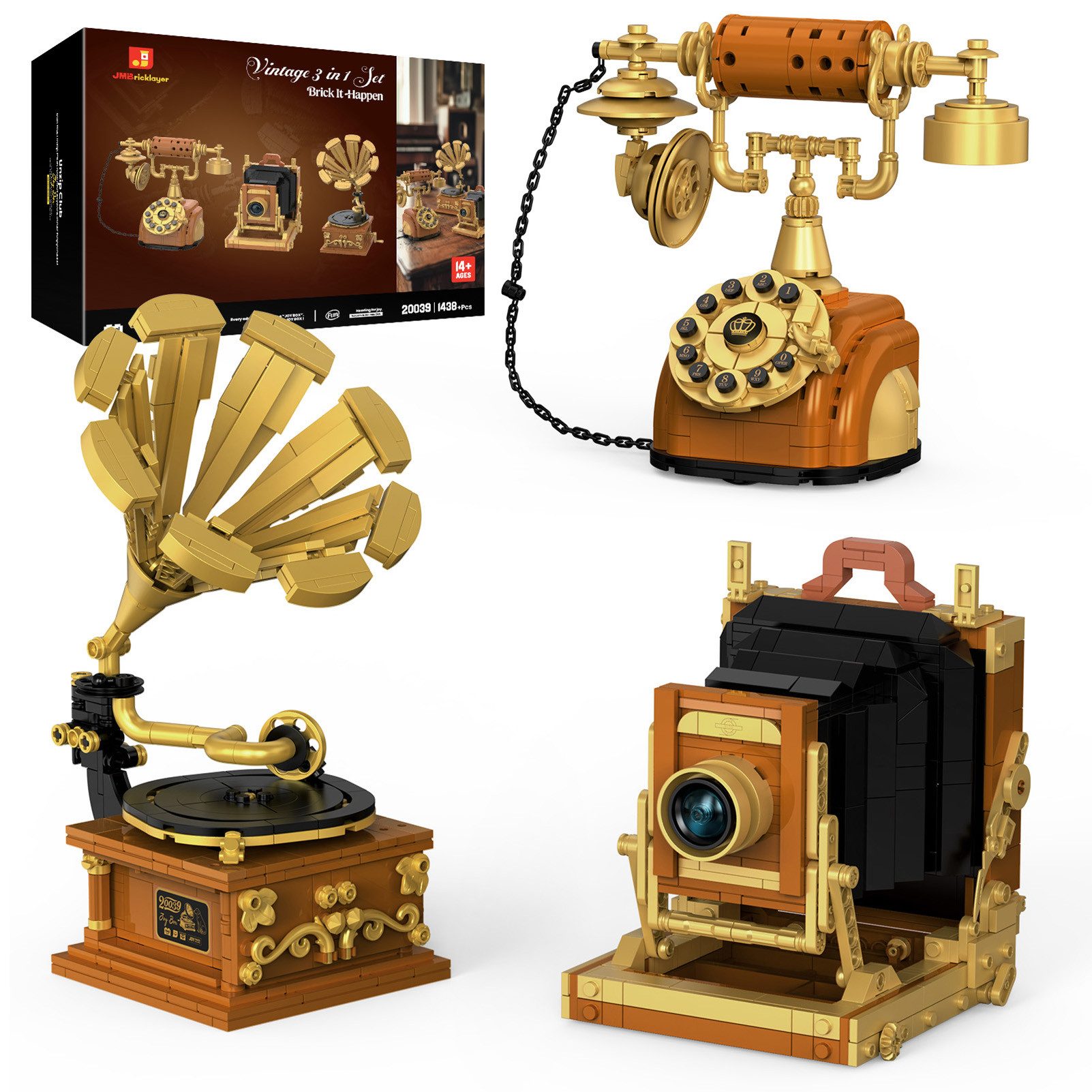 Esun 3 in 1 Retro Bausteinset für Erwachsene, Kamera Telefon Plattenspieler Spielbausteine, (Set, 1438 St., Komplettset), Klemmbausteine Spielzeug Set, Vintage Haus Deko