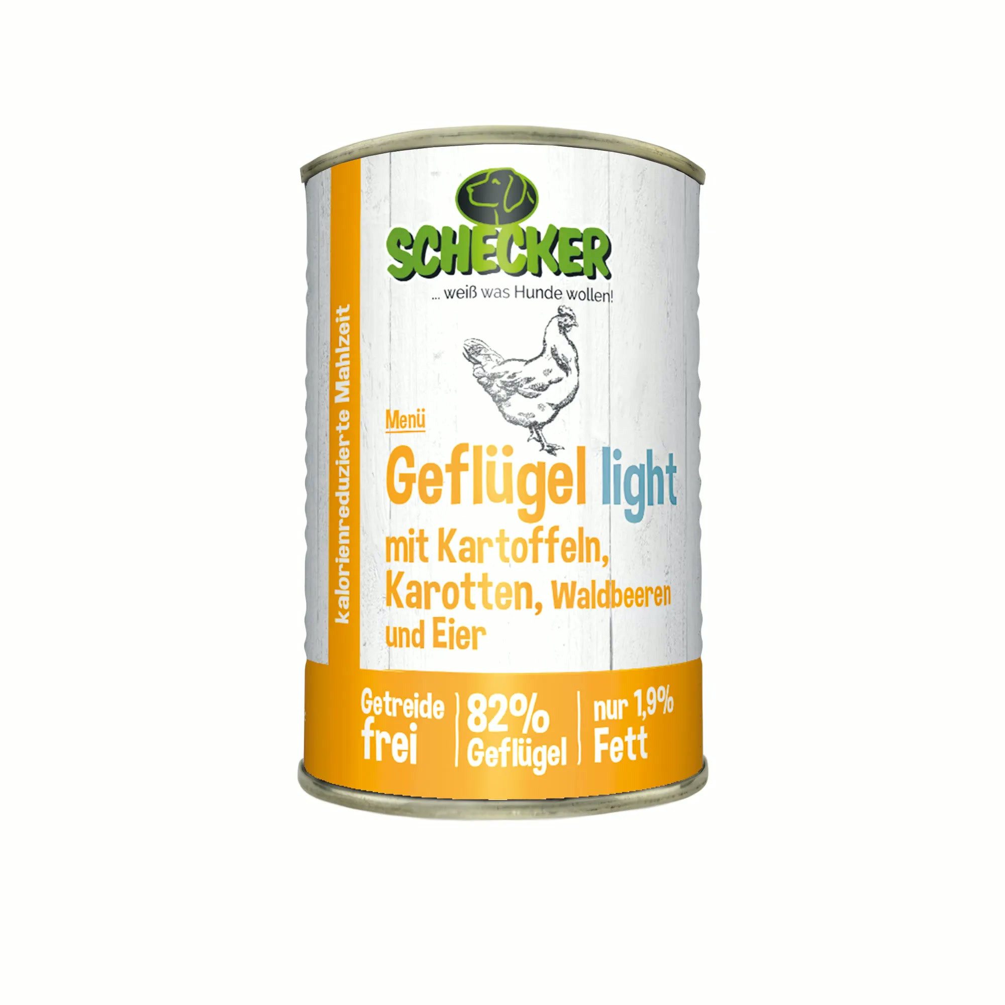 Schecker 410 g Geflügel light mit Kartoffeln, Karotten, Beeren - nur 1,9 % Fett Huhn, Nassfutter für: Hunde, Für Ausschlussdiäten und sehr empfindliche Hunde geeignet