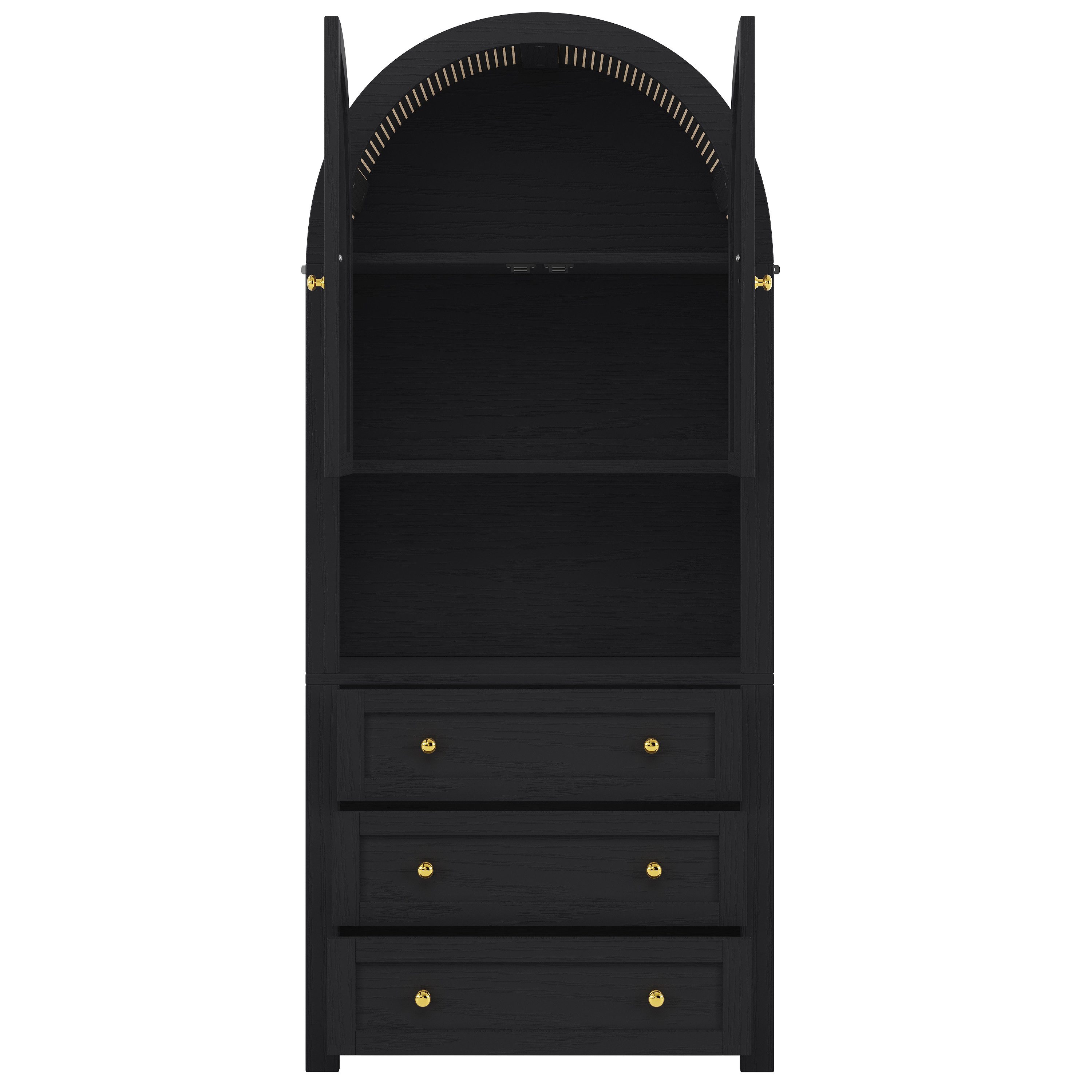 Flieks Mehrzweckschrank Bogen-Hochschrank mit Schubladen und Bogentüren (für Schlafzimmer, Wohnzimmer, Flur, Esszimmer und Arbeitszimmer, 1-St., B70/T35/H180 cm) Vitrine Highboard Aufbewahrungsschrank Schwarz, Höhe ca. 180 cm