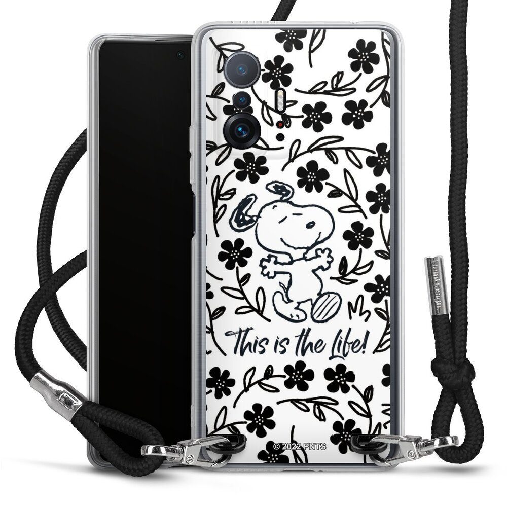 DeinDesign Handyhülle Peanuts Blumen Snoopy Snoopy Black and White This Is The Life, Xiaomi 11T Pro 5G Handykette Hülle mit Band Case zum Umhängen