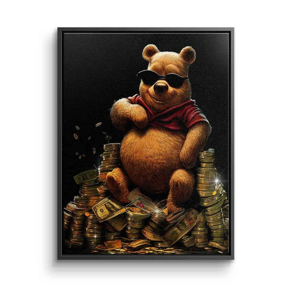 DOTCOMCANVAS® Leinwandbild, Leinwandbild Money Bear Pu der Bär Winnie the Pooh Luxus Geld premium schwarzer Rahmen
