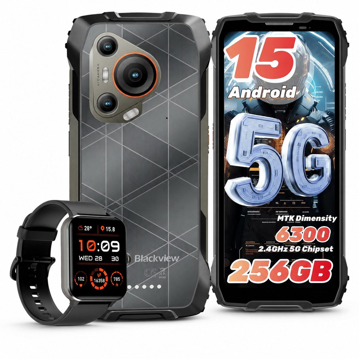 blackview BL7 5G incl. R50 Smartwatch Outdoor Smartphone (256 GB Speicherplatz, 50 MP Kamera, 6.78”, 2.4K, 750Nits, 120Hz, Dimensity 6300, NFC,7500mAh, 33W)