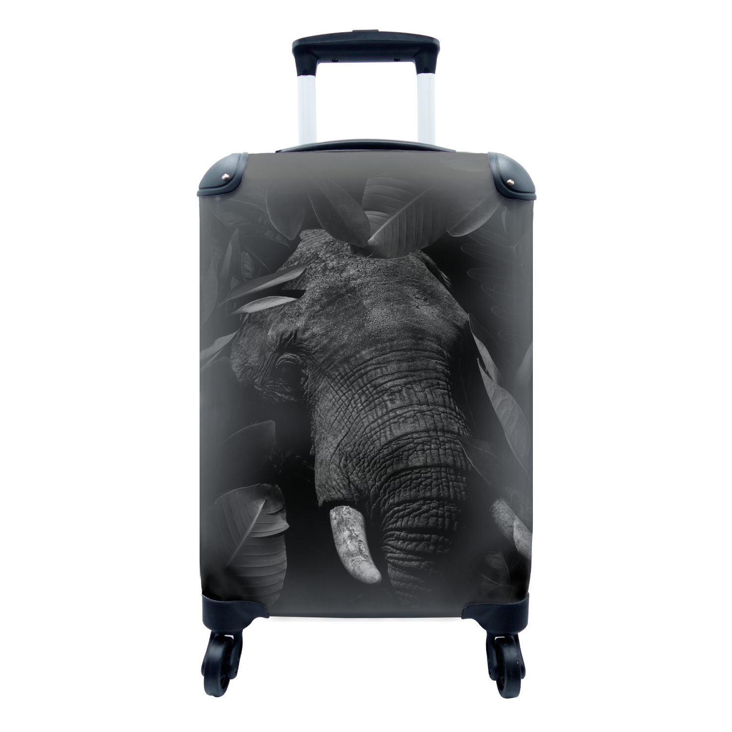 MuchoWow Handgepäckkoffer Botanischer Elefant mit Blättern auf schwarzem Hintergrund - schwarz, 4 Rollen, Reisetasche mit rollen, Handgepäck für Ferien, Trolley, Reisekoffer