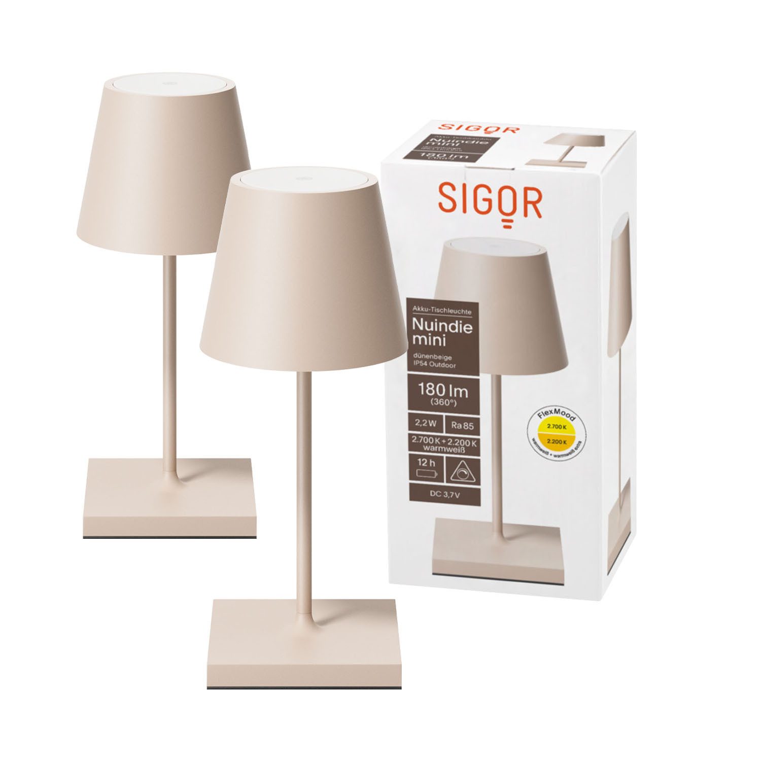 SIGOR LED Tischleuchte 2x Nuindie mini USB-C 250mm dünenbeige, Dimmbar, LED fest integriert, Warmweiß