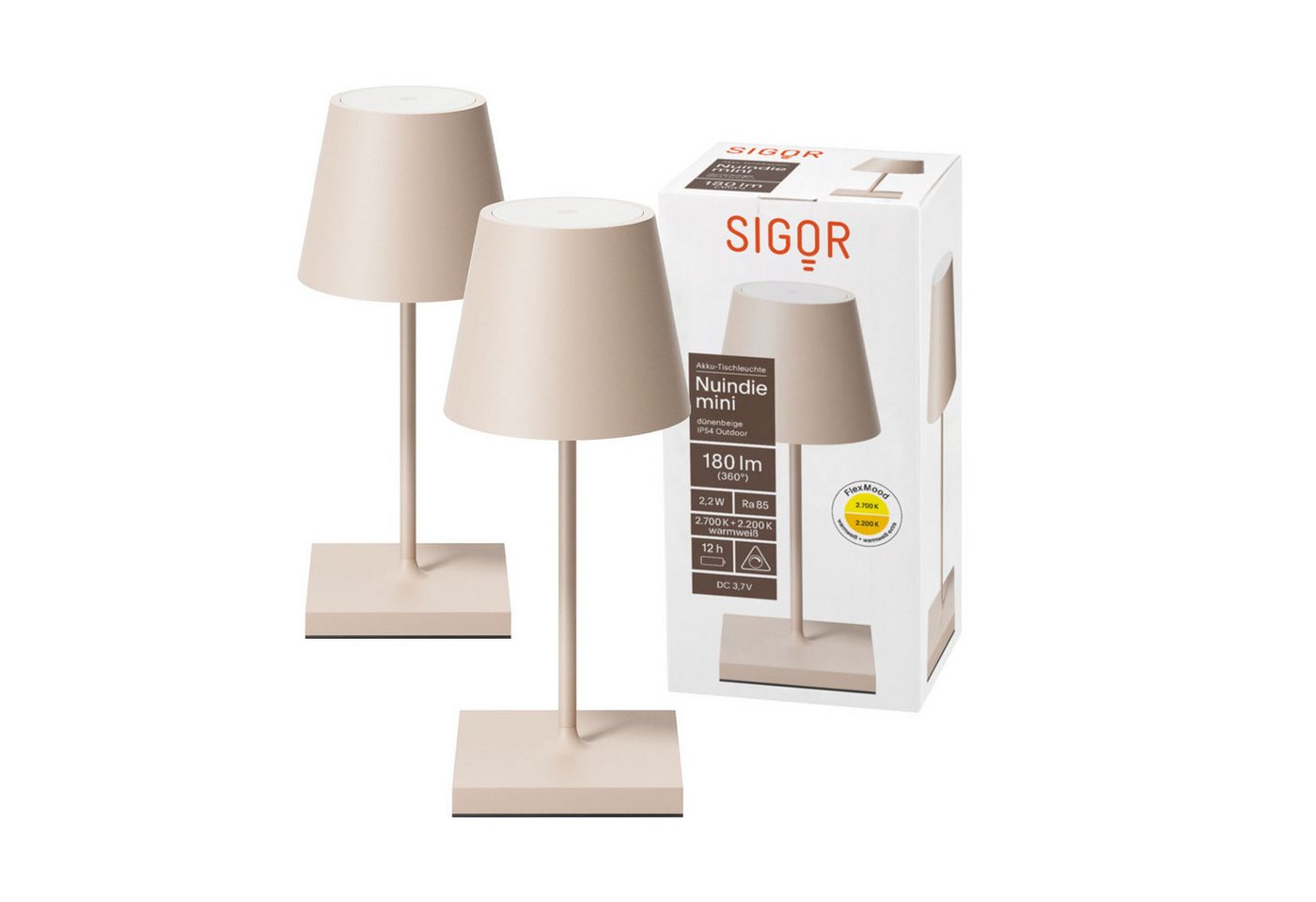 SIGOR LED Tischleuchte 2x Nuindie mini USB-C 250mm dünenbeige, Dimmbar, LED fest integriert, Warmweiß