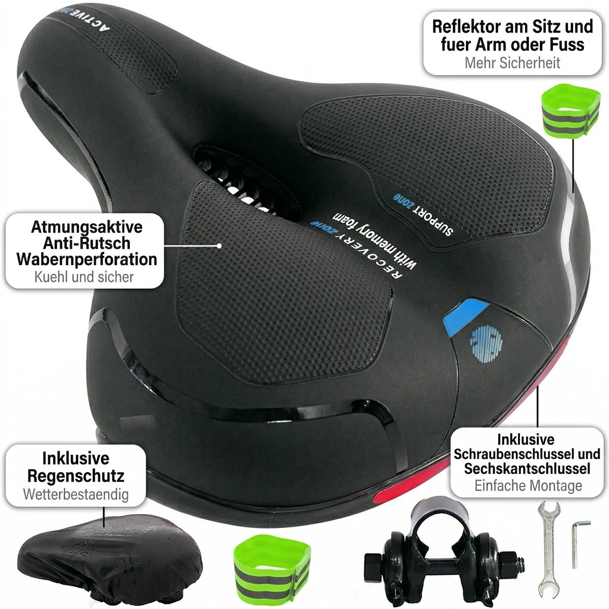 Mucola Fahrradsattel Fahrradsattel Ergonomischer Gel Memory-Schaum Citybike Mountainbike (Stück, mit Sattelbezug), Atmungsaktiv – Bild 5 von 5