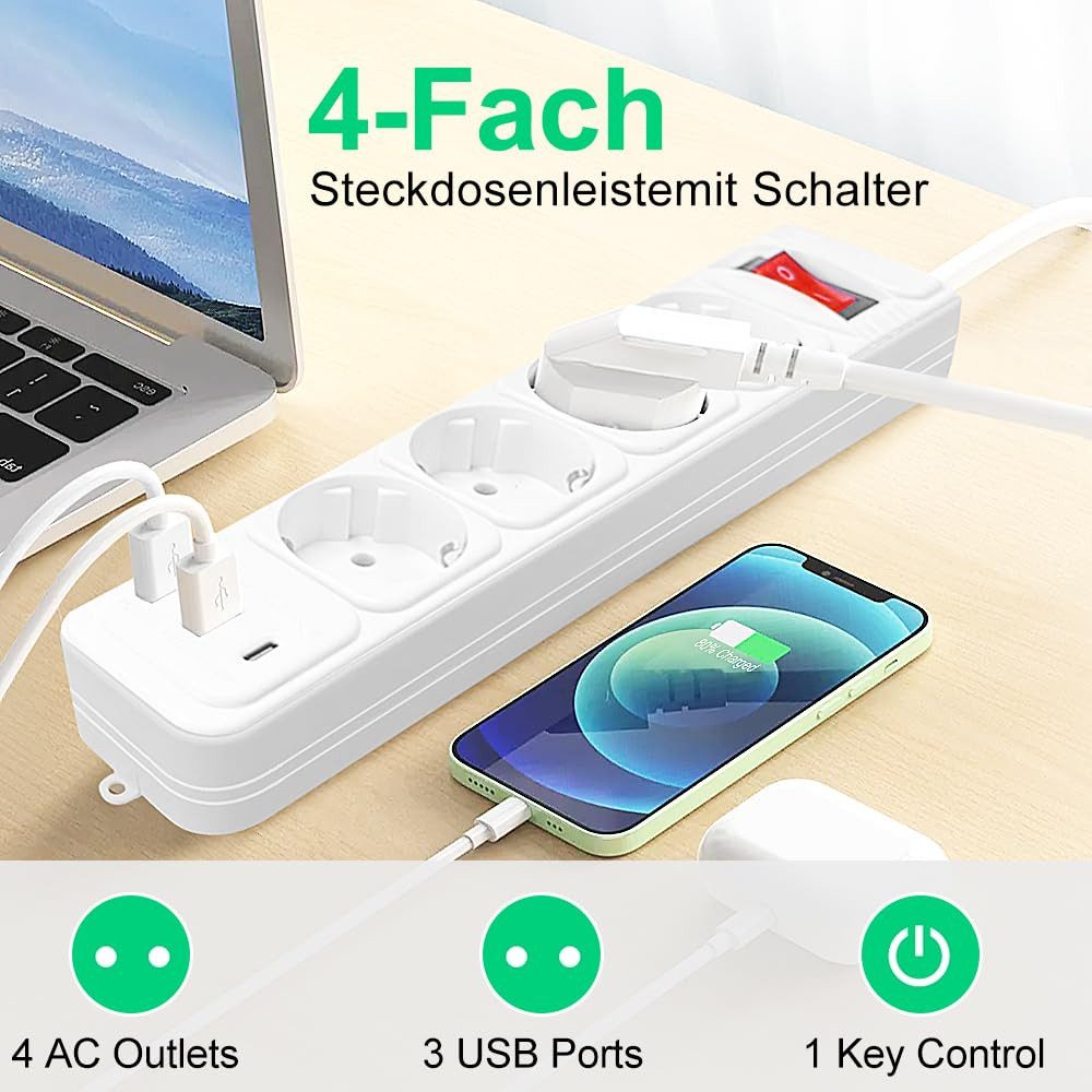LA CUTE Mehrfachsteckdose mit USB-C, 4 Steckplätzen & Schalter, 3500W Mehrfachsteckdose 7-fach (4 Steckplätze, 2 USB-Anschlüsse, 1 USB-C-Anschluss, Netzschalter, Überlastschutz, Kurzschlussschutz, Kindersicherung, Kabellänge 1.8 m), Mehrfachsteckdose mit Schnellladefunktion und Überlastschutz