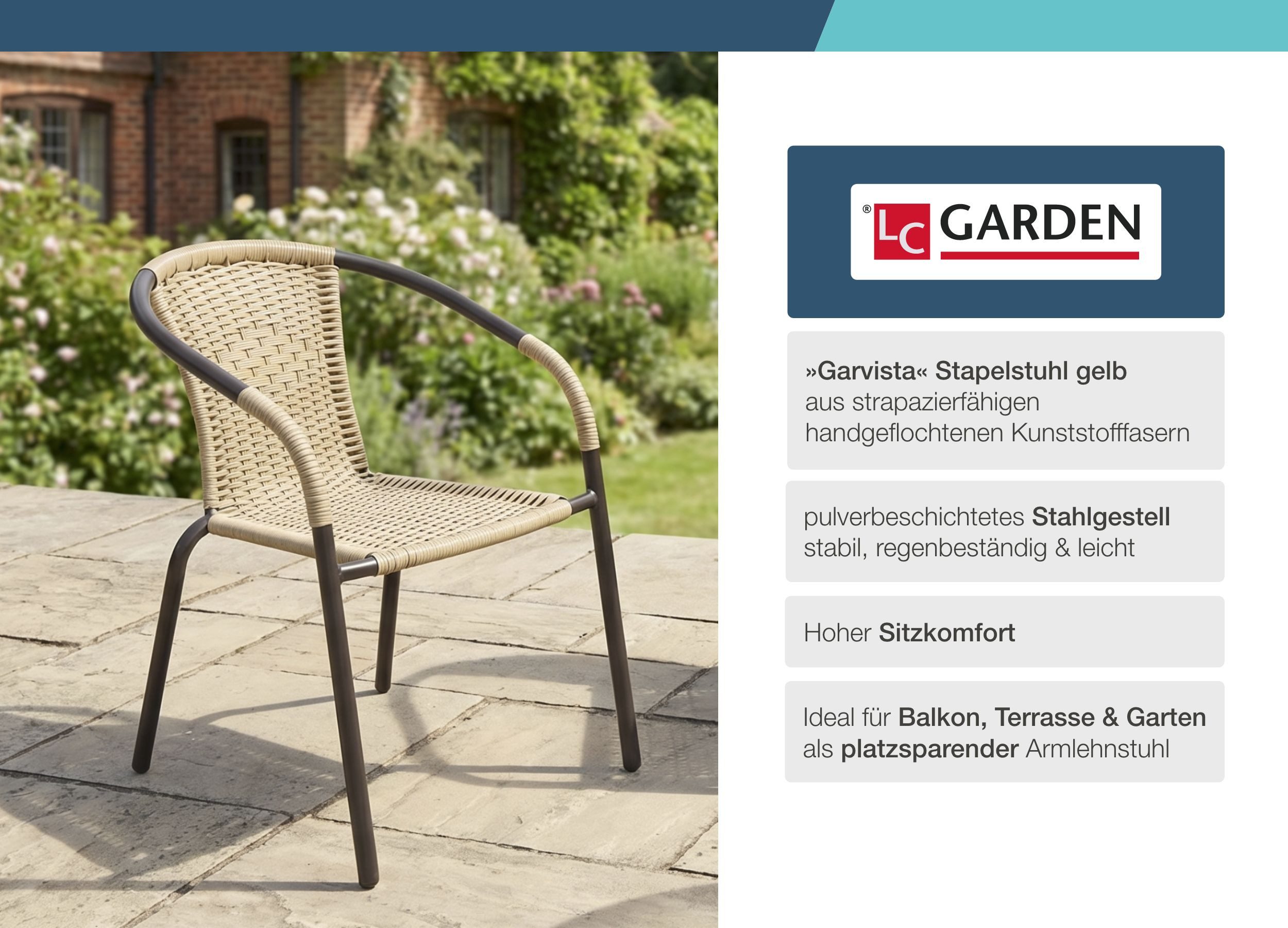 LC Garden Stapelstuhl Garvista Stapelstuhl 54x52x72cm schwarz Gartenstuhl Terassenstuhl, Pulverbeschichteter Stahl