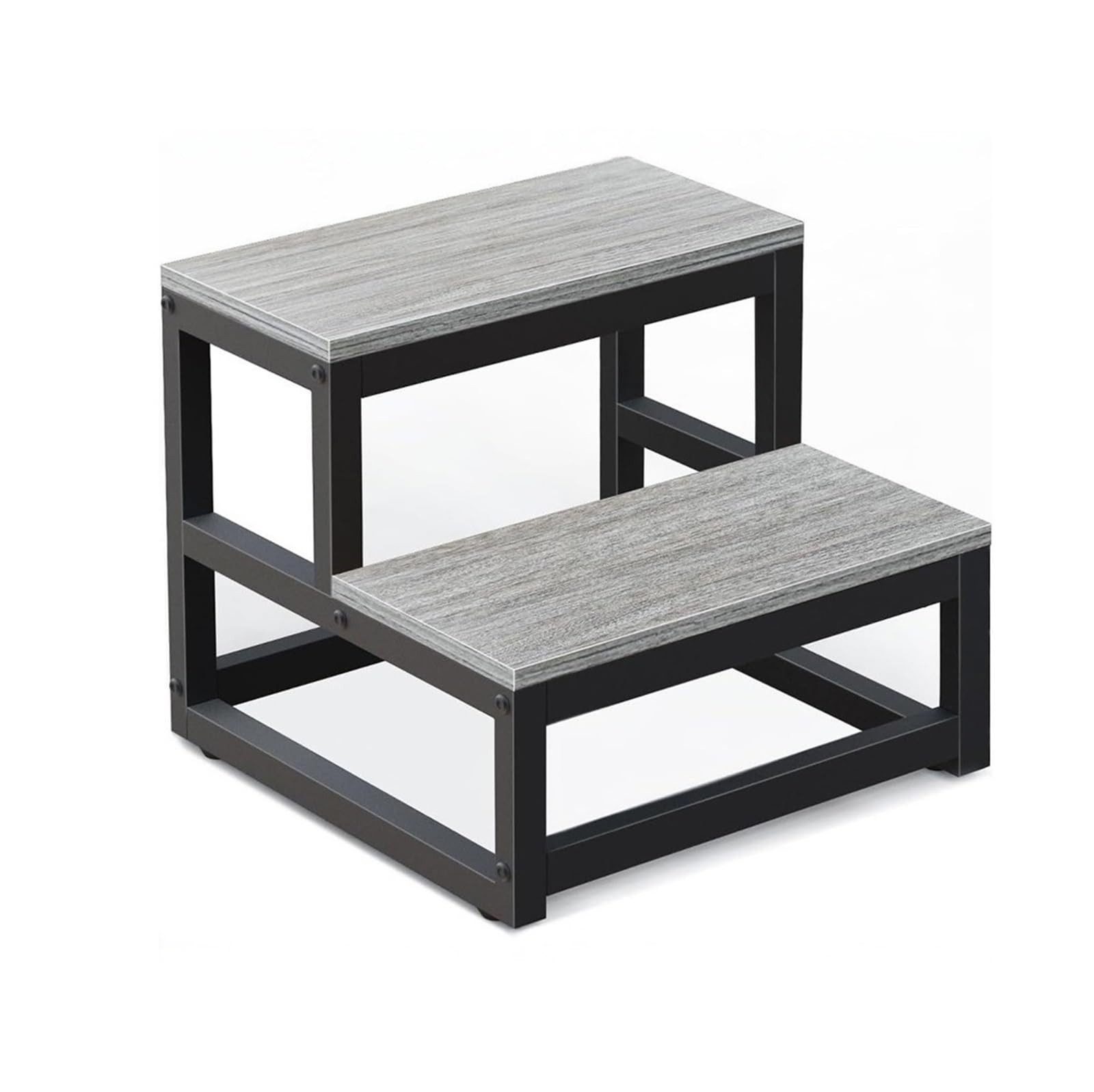 BlingBin Tritthocker Zweistufige Trittstufe aus Metallrahmen & Holzoberfläche, Trittschemel (Badezimmer Hocker, Trittleiter klein, Hocker Metallrahmen, Hocker Holzplatte, 1 St., 38 x 38 x 36 cm Trittleiter klein), Tritthocker bis 227 kg, rutschfest, für Kinder und Erwachsene, Grau