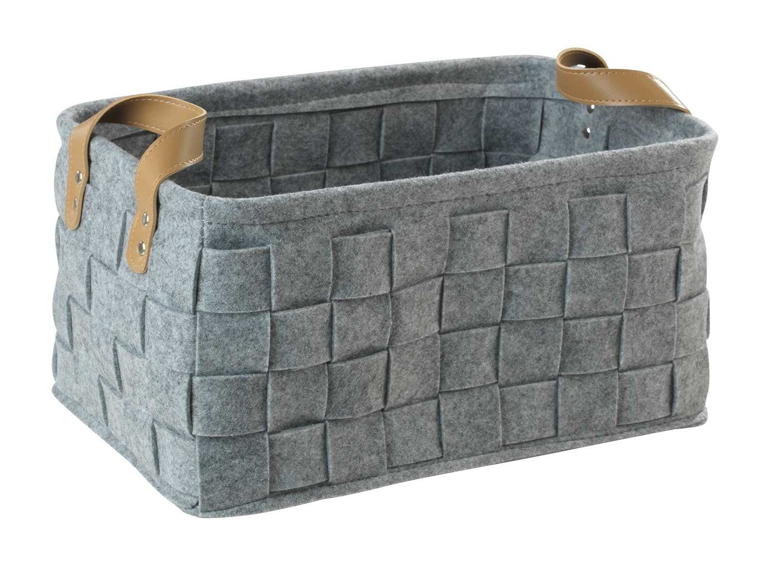 Home4You Aufbewahrungskorb, B 37 x H 20 x T 24 cm, Hellgrau, Filzgeflecht, mit braunen Griffen