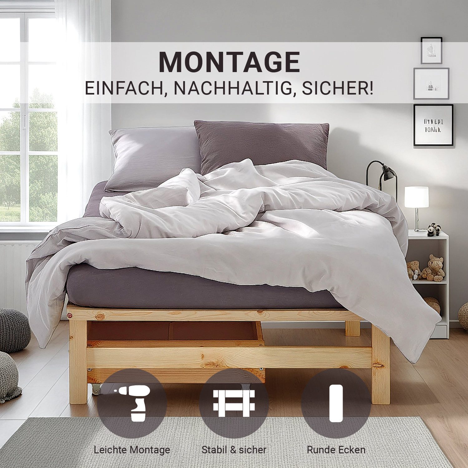 Homestyle4u Palettenbett 90x200 100x200 140x200 Holzbett Kiefer Natur Bettkasten Schublade (Set mit Lattenrost, 2x Bettkasten/Schublade), 90x200, naturbelassen