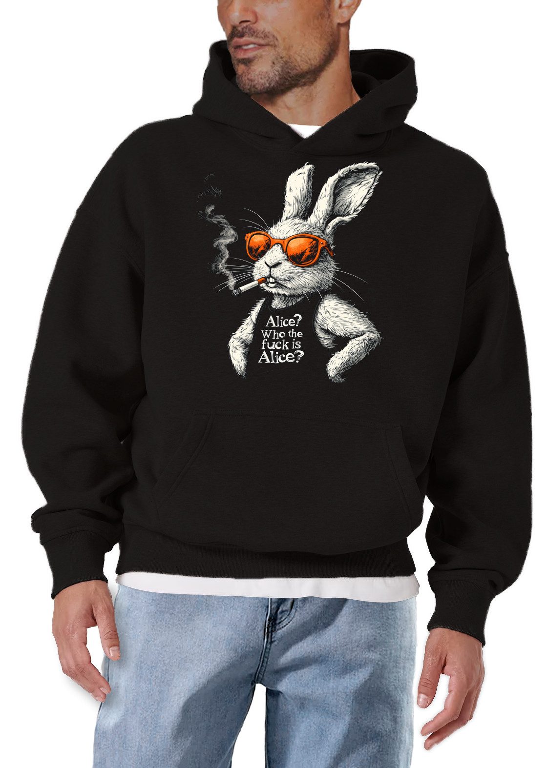 MAKAYA Kapuzenpullover Lustiger Hoodie mit Hase und Aufdruck „Who is Alice“ – Männer Pullover (Schwarz, S, M, L, XL, XXL, XXXL, XXXXL) Baumwolle