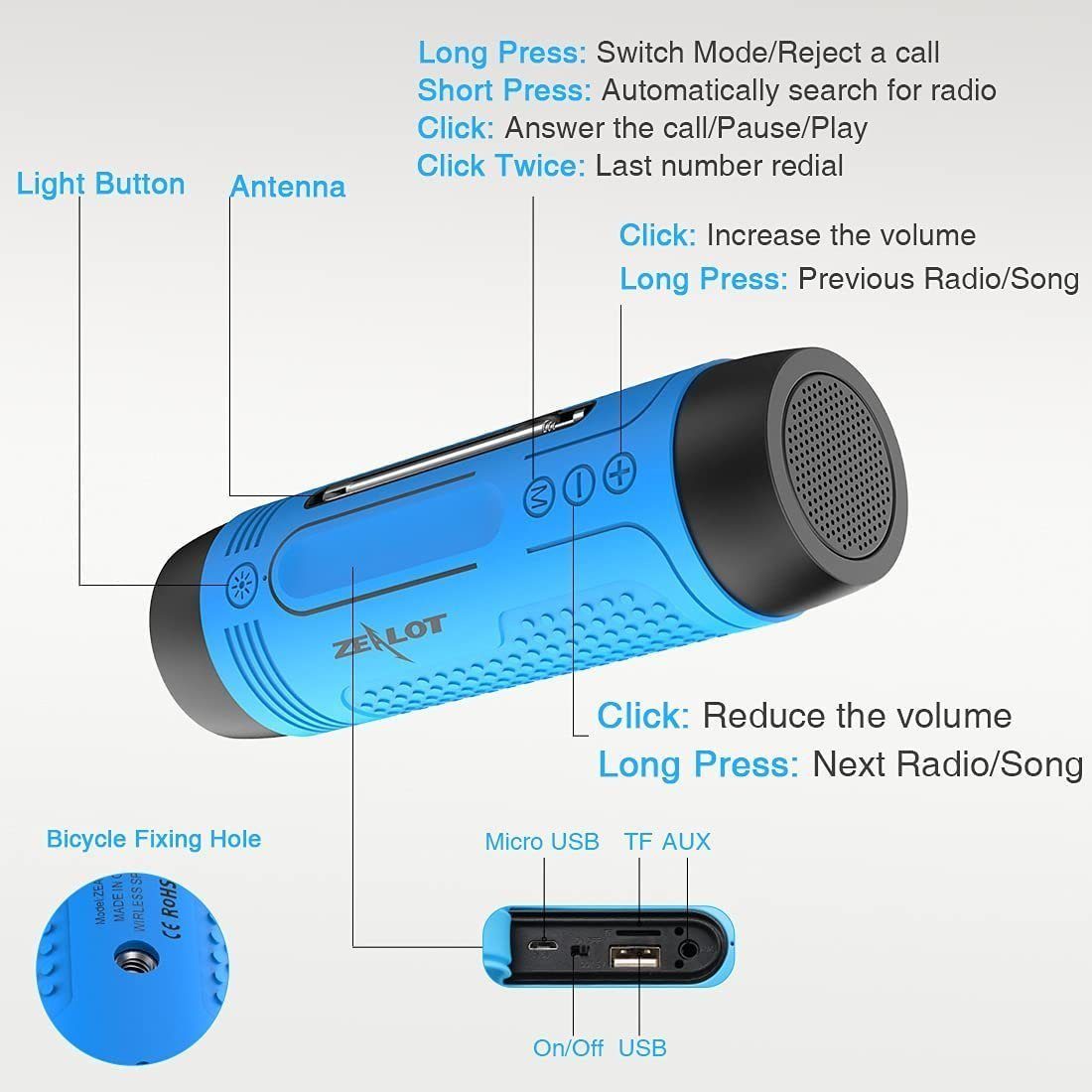 AUX Bluetooth Lautsprecher Multifunktion (Bluetooth, Camping USB für 2000 Fahrrad Sport) Radio FM Bluetooth-Lautsprecher Unterstützt Outdoor Grün W, TF Karte mit autolock Taschenlampe