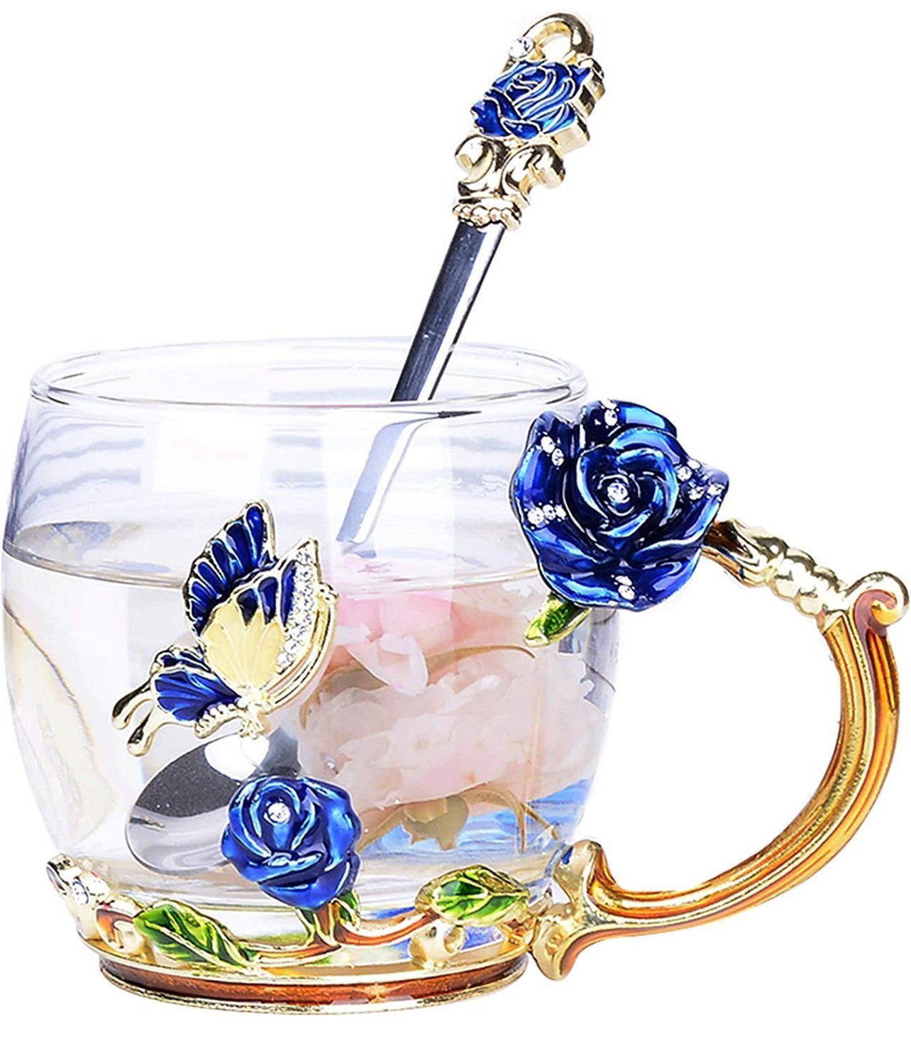 little dove Teeglas Teetasse aus Glas Teetasse Kaffeetassen mit Blumengriff und Löffel – Bild 3 von 3