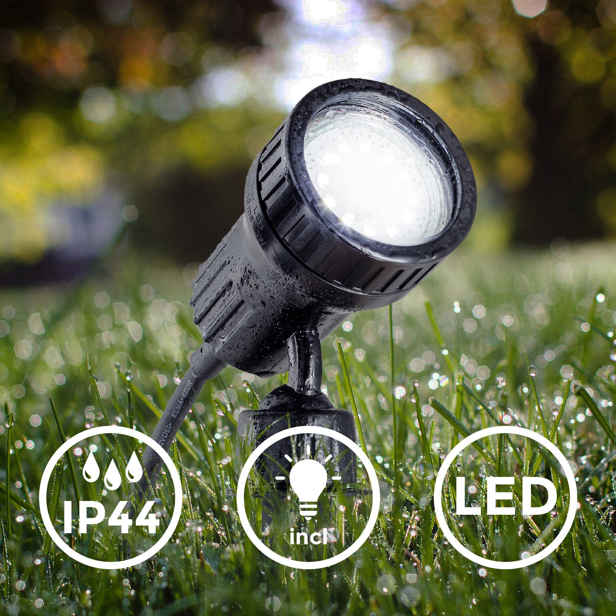 B.K.Licht LED Außen-Leuchte, GU10 LED LED, IP44, Warmweiß, Gartenstrahler, wechselbar, Erd-Spieß, Gartenleuchte, 3W Wandspo,t