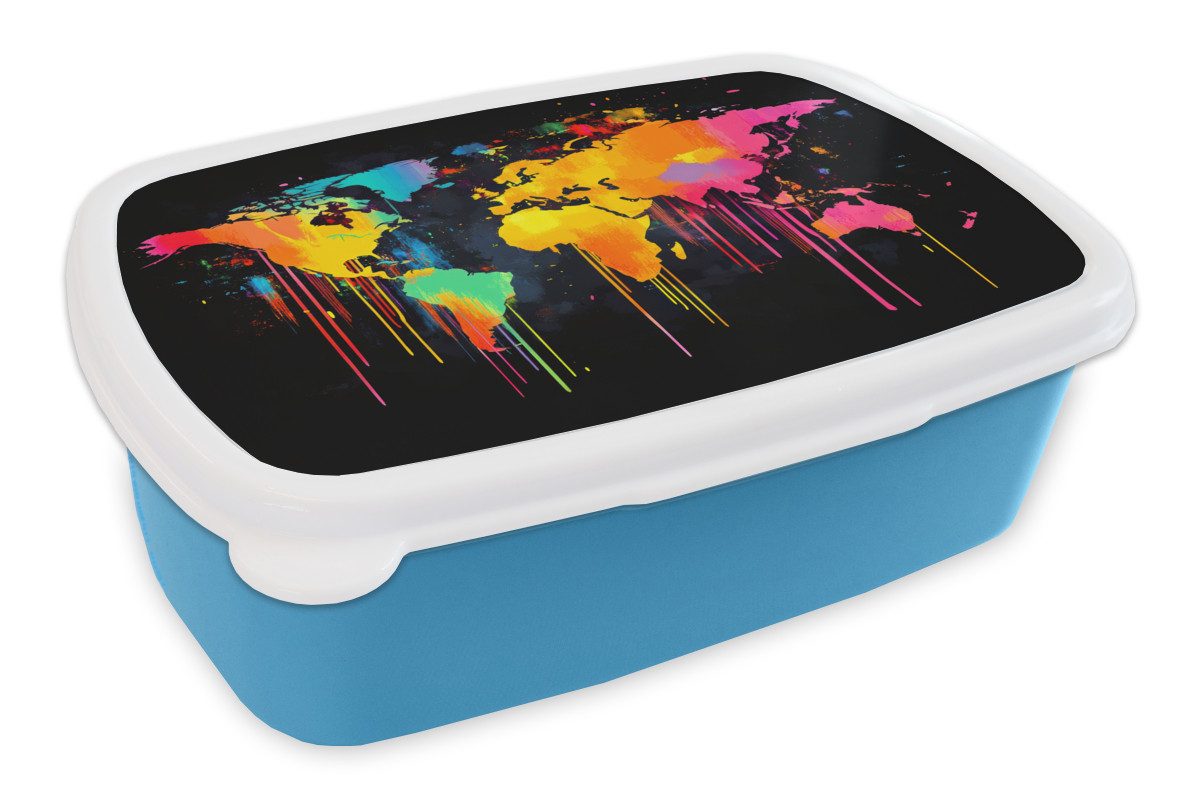 MuchoWow Lunchbox Weltkarte - Farbe - Bunt - Graffiti - Welt, Kunststoff, (2-tlg), Brotdose, Lunchbox, Brotbox für Kinder und Erwachsene