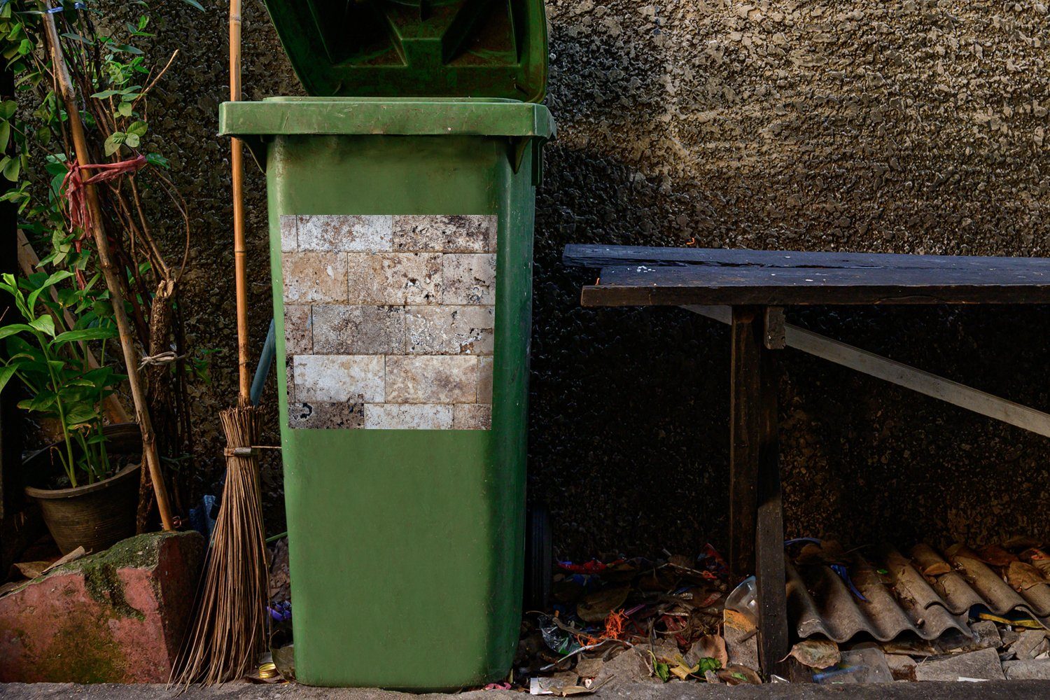 MuchoWow Wandsticker Vintage Mülleimer-aufkleber, St), - Mauern Mülltonne, Container, Sticker, Abfalbehälter Steine - (1