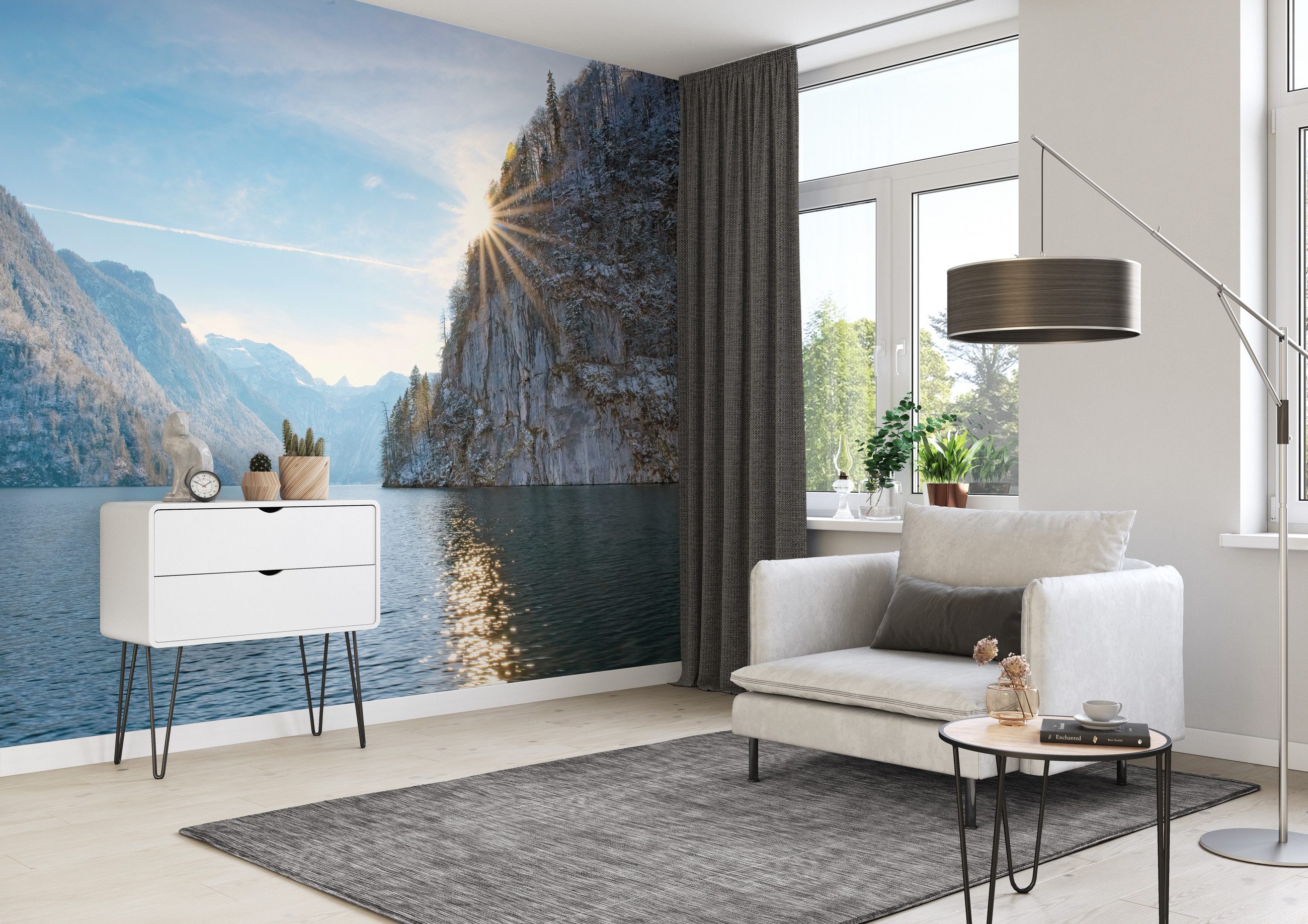 Rasch Fototapete Berge, Landschaft, Meer, Wasser & Himmel - Vliestapete Blau, bedruckt, (1 Rolle, 1 St., Kollektion 'Magicwalls' - 2,65 m x 3,71 m), Lichtbeständige Farben - Feucht abwischbar - Restlost abziehbar