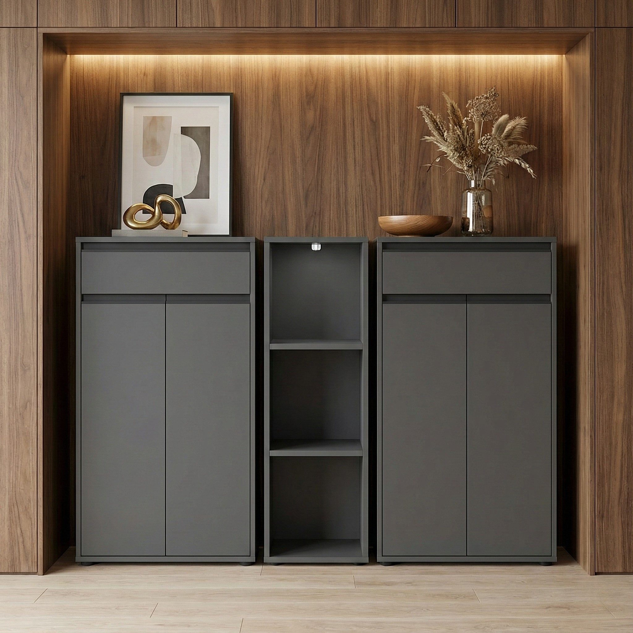 KADIMA DESIGN Aktenregal Aktenregal Universal schmal 45x120x40 cm Graphit, 3 Ordnerhöhen, Regal, Büroregal Made in Germany, Nischenregal, Bücherregal, Standregal, bis 30 kg pro Boden, Universell stellbar, Passend zu Serie Stuttgart