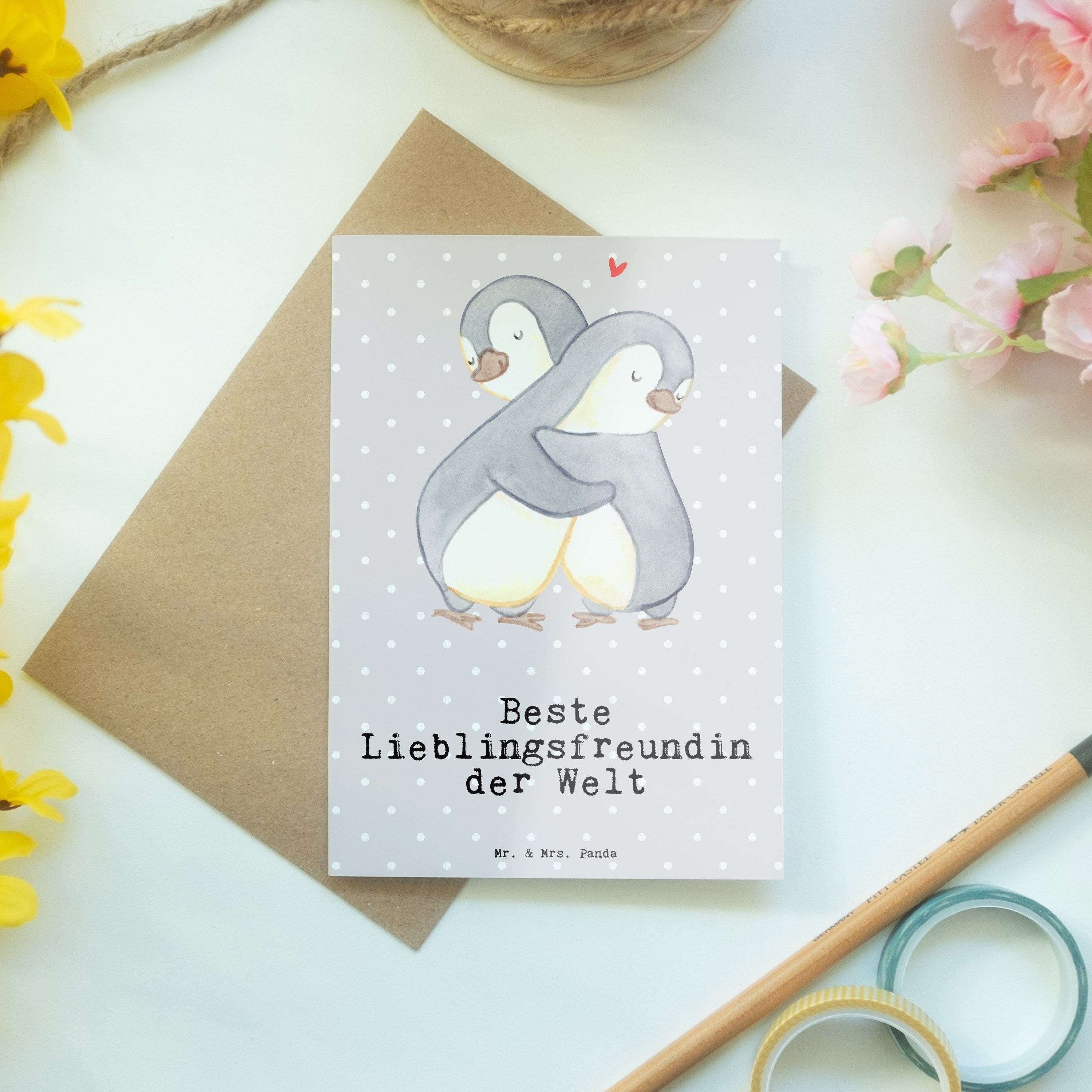 & Panda Grußkarte Welt Geschenk, L der Beste Mrs. - - Mr. Pinguin Lieblingsfreundin Pastell Grau