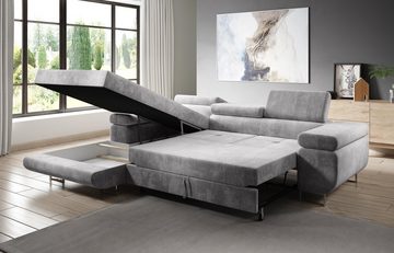 Furnix Ecksofa ZANTE Sofa mit Schlaffunktion Ottomane und verstellbaren Kopfstützen, Liegefläche 125x198 cm, Bettkasten, hochwertiger Polsterstoff