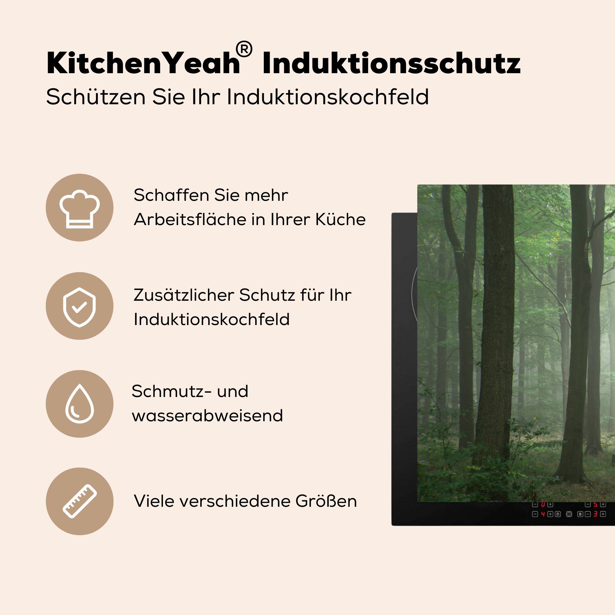 die (1 Hirsche küche, cm, 81x52 für Schutz - Vinyl, Induktionskochfeld Herdblende-/Abdeckplatte tlg), Bäume, Ceranfeldabdeckung - MuchoWow Wald