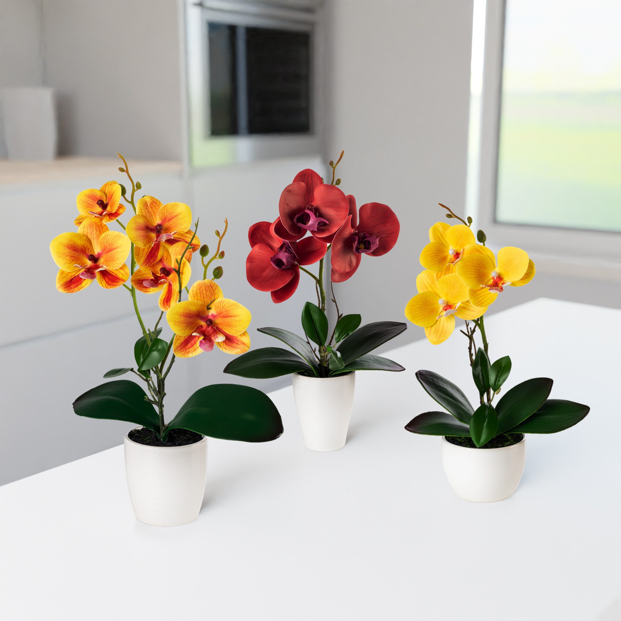 Kunstorchidee 3er Set künstliche Orchideen wie echt (35cm) in Hochglanz-Keramiktopf Orchidee, PASCH