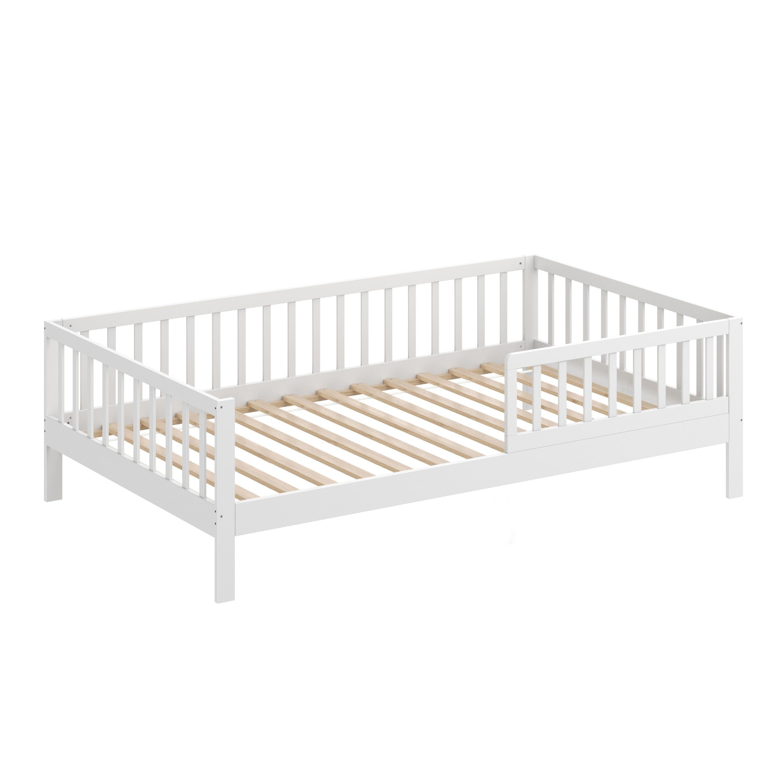 CADANI Kinderbett Nik - abnehmbarer Rausfallschutz - bis 200 kg belastbar (Jugendbett · bis 200 kg belastbar · inkl. Roll-Lattenrost), · Kiefer Massivholz · Farbe: Weiß