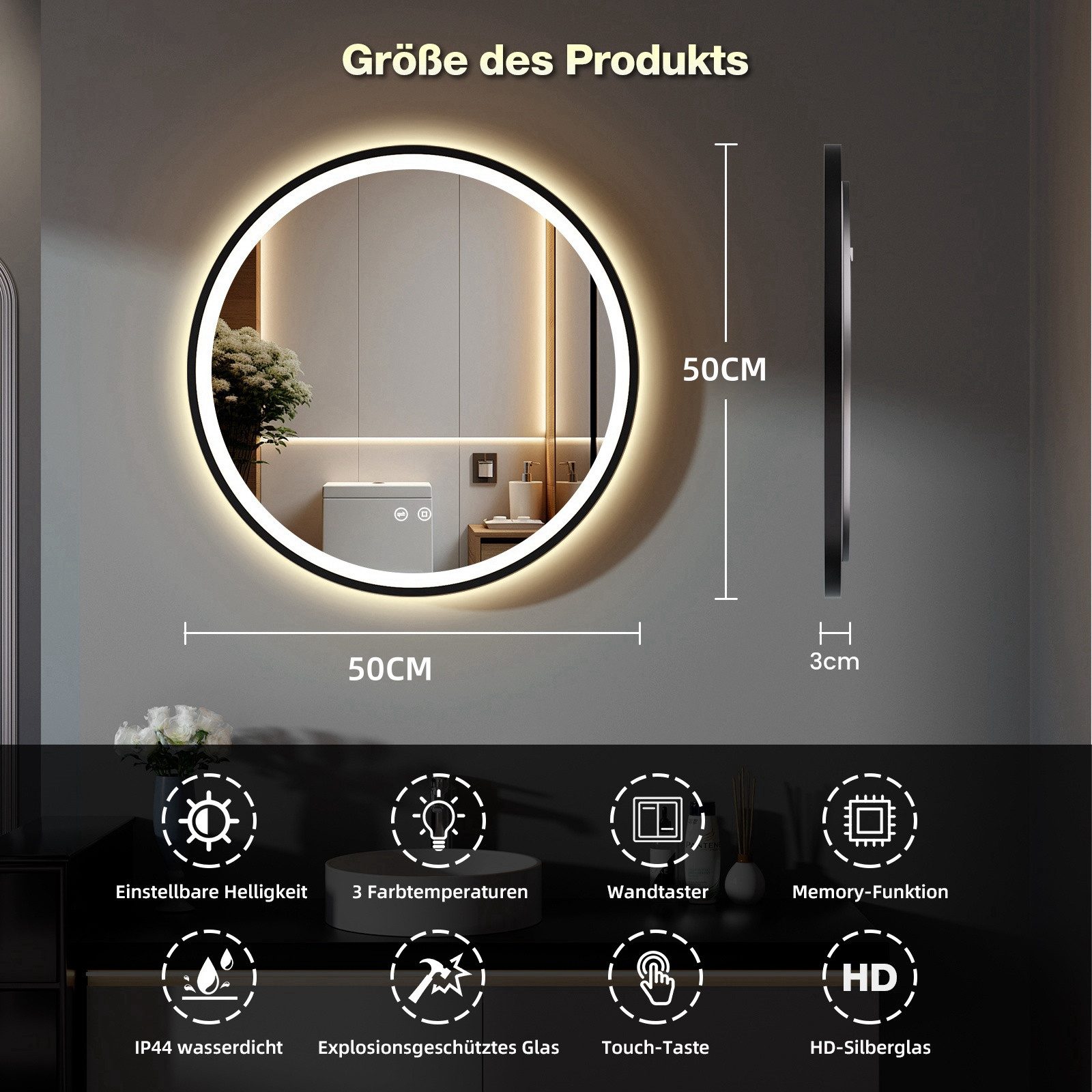GIMBELEN Badspiegel LED-Badezimmer-Spiegel, dimmbar, Runder LED-Badspiegel günstig online kaufen