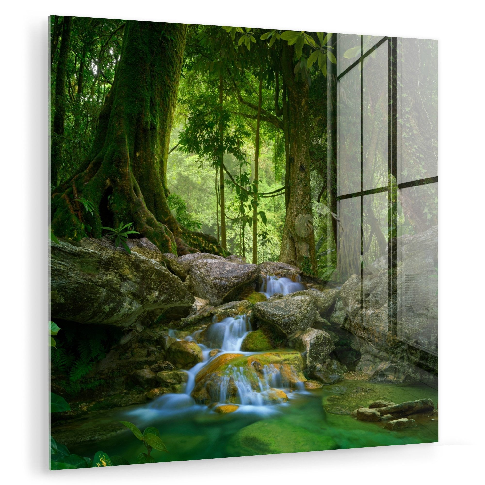 MuchoWow Acrylglasbild Dschungel - Steine - Wasser - Natur - Pflanzen, Inkl. Aufhängung, Bilder auf Glas Wandbild, Wanddeko Wohnzimmer Badezimmer, 20x20 cm
