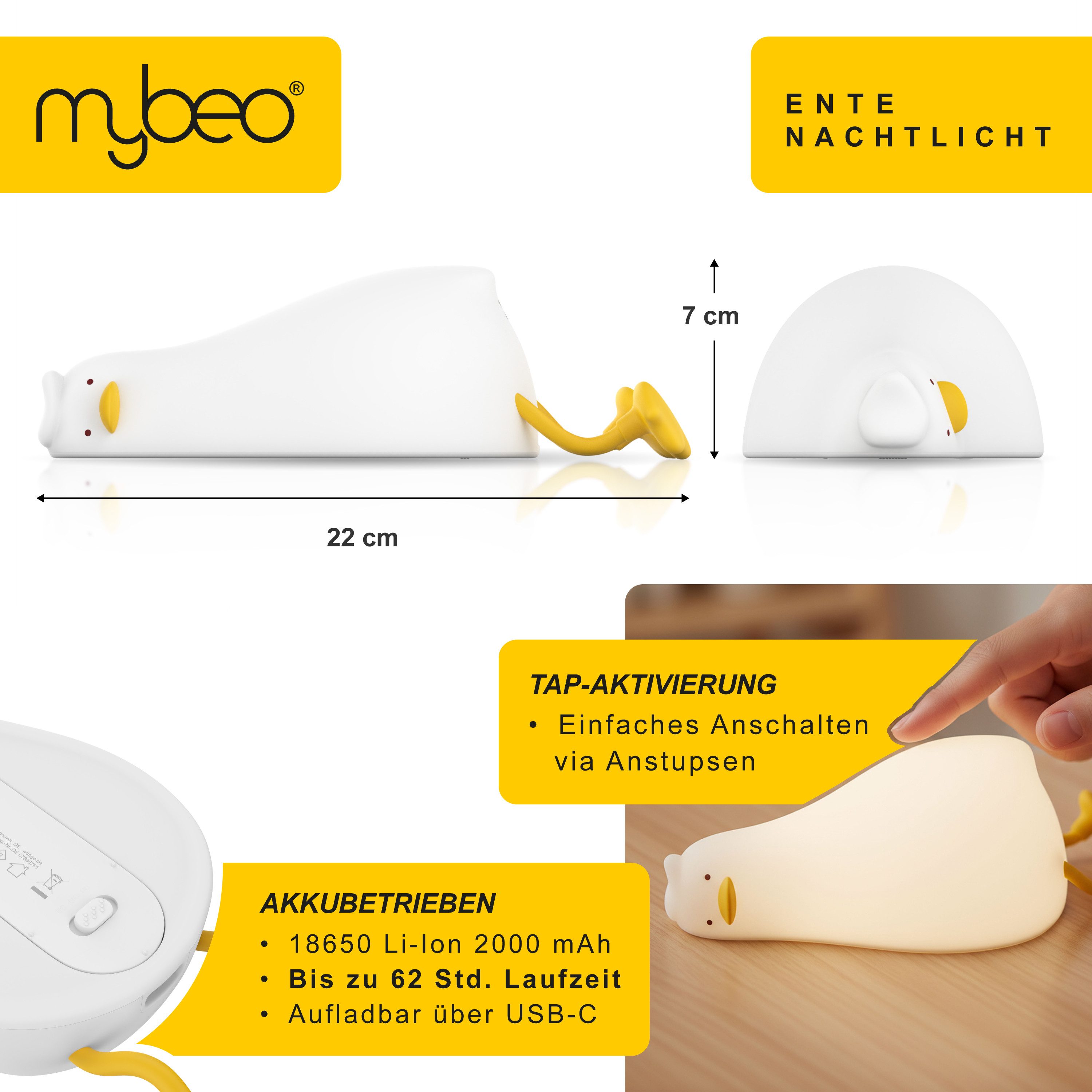 MyBeo LED Nachtlicht für Babys und Kinder, dimmbar, Nachtleuchte mit Akku, Einschlafhilfe, Dimmfunktion; mehrere Helligkeitsstufen; Nachtlichtfunktion, LED fest integriert, Extra-Warmweiß, liegende Ente, Silikon Touch, Timer 30/60 Min, 3 Helligkeitsstufen