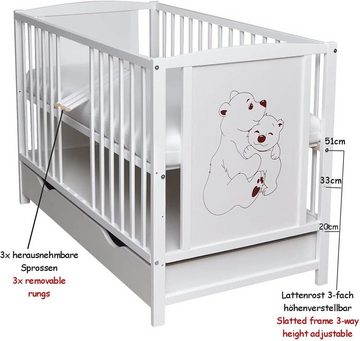 Dedstore-Baby Kinderbett mit Matratze 120x60cm Komplett Set Weiß Bär Spannbettlaken (Spar-Set, Komplett Set), inkl. Schublade, Laken, umbauteil zum Juniorbett