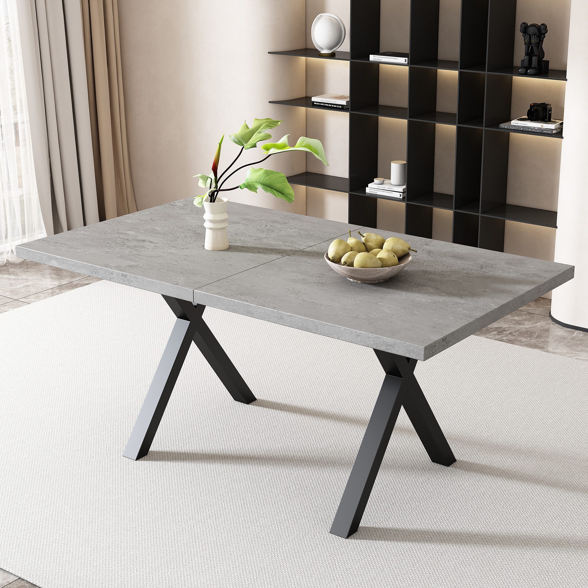 KLAM HOME Esstisch Moderner Esstisch Mit Kreuzbein Design In Eiche Und Schwarz (140x80cm Rechteckiger Tisch Aus Schmiedeeisen Und MDF), Vielseitiger Ess- Und Couchtisch Mit Hoher Tragkraft