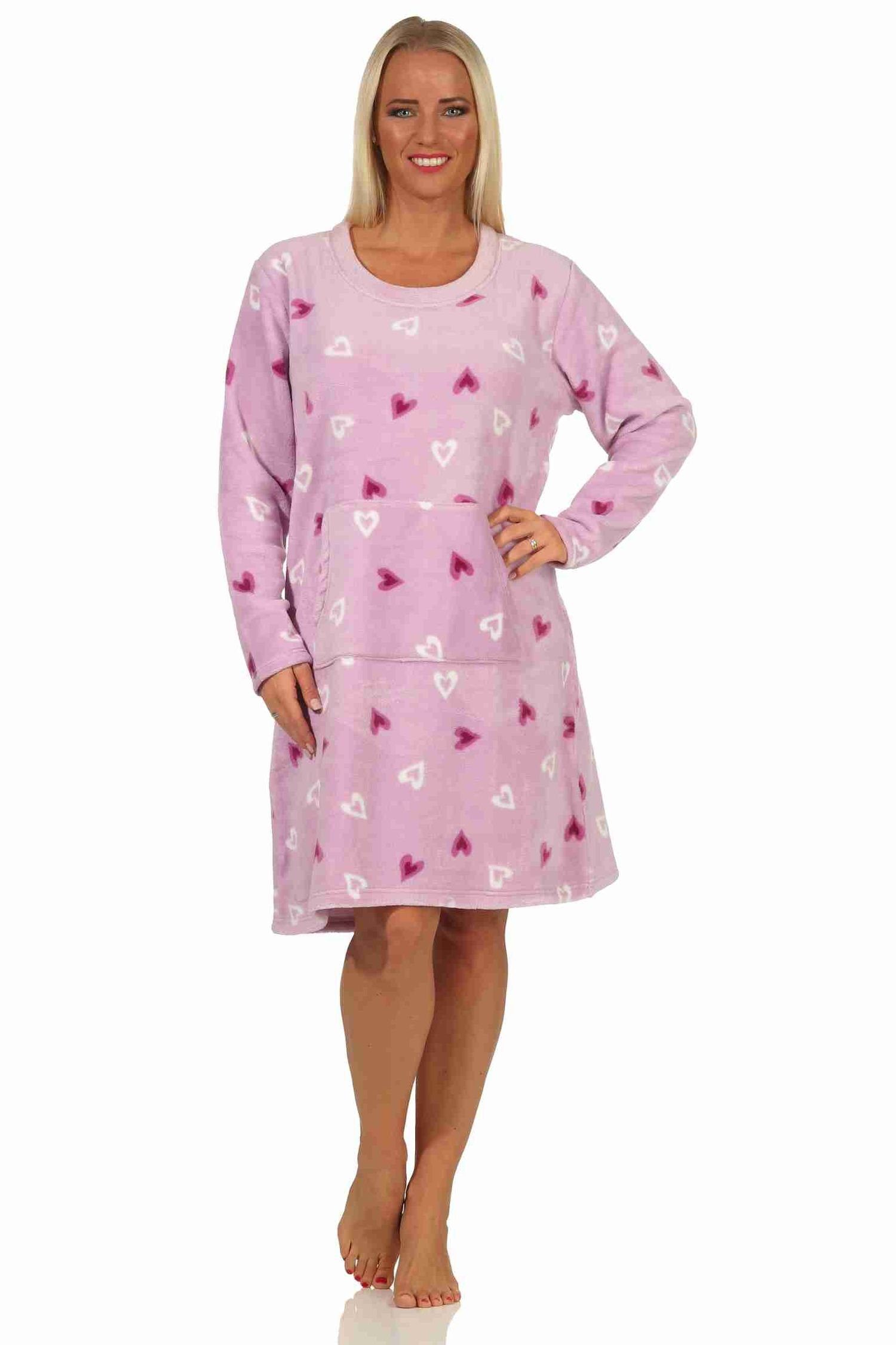 Normann Nachthemd Damen Nachthemd Hauskleid aus softem Coralfleece in Herz-Motiv Optik flieder | Nachthemden