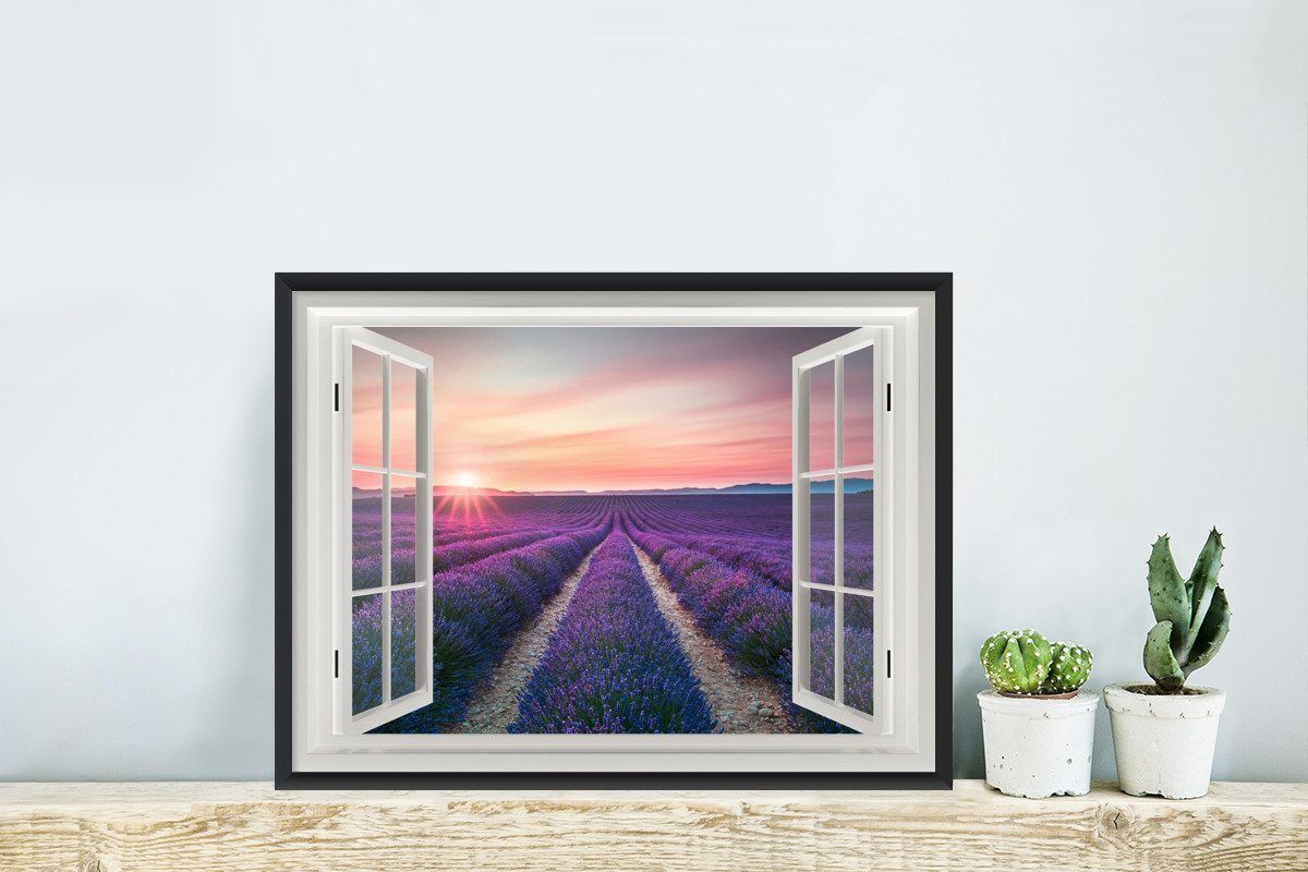 Gerahmtes Lavendel, MuchoWow Sonnenuntergang - Bilder, St), Schwarzem Wandposter, - Poster Vista Poster, Wanddeko, Bilderrahmen (1