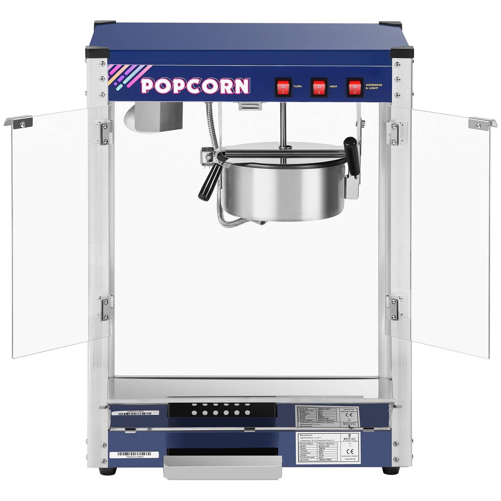 Royal Catering Popcornmaschine Popcornmaker 1500 W 5 kg/h blau Popcornautomat Teflonbeschichtung