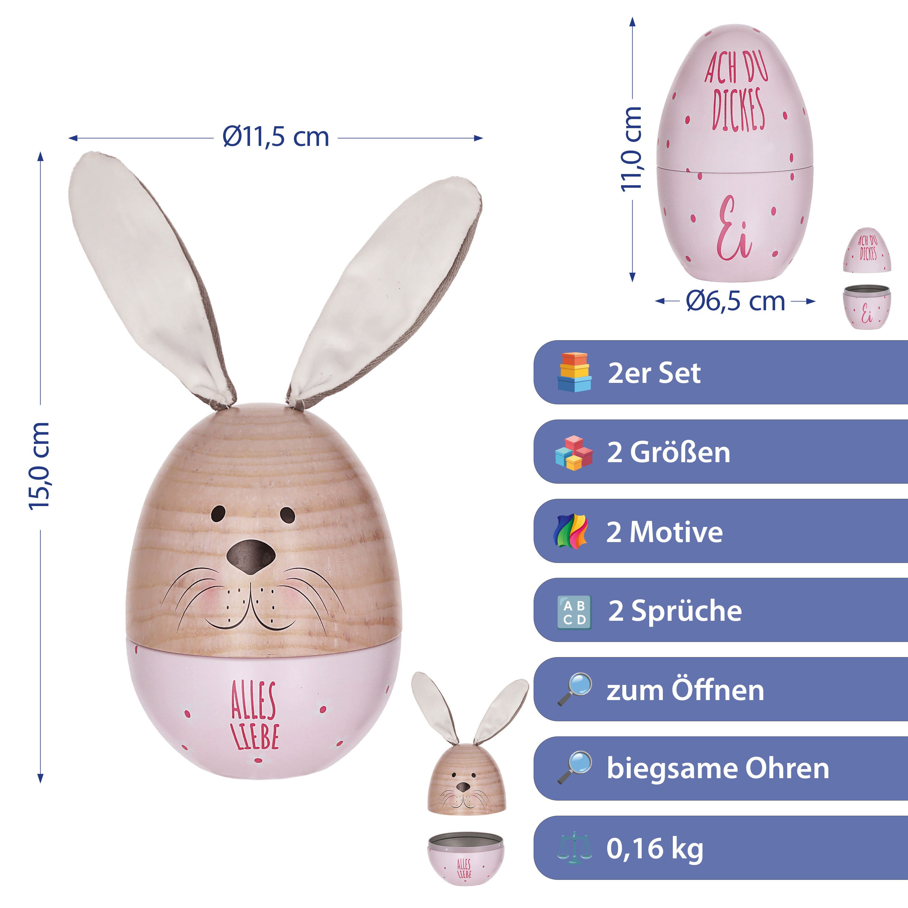 CEPEWA Geschenkbox Geschenkdose Osterhase 2tlg. Ei mit Ohren Ostereidose rosa 11,5x14,5cm