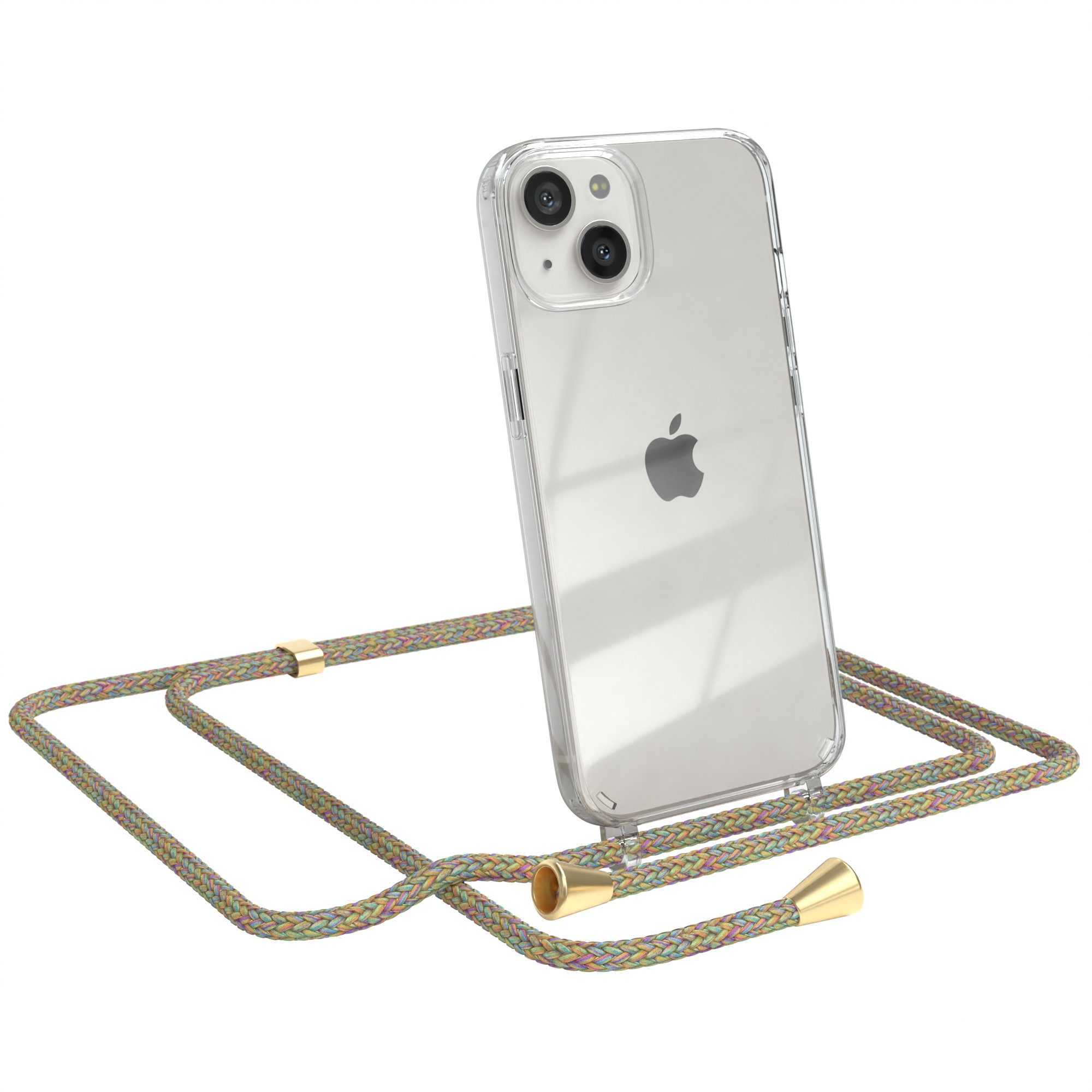 EAZY CASE Handykette Hülle mit Kette für Apple iPhone 13 6,1 Zoll, Ketten Hülle Schultergurt Schutz Hülle Tasche mit Band Bunt Clip Gold