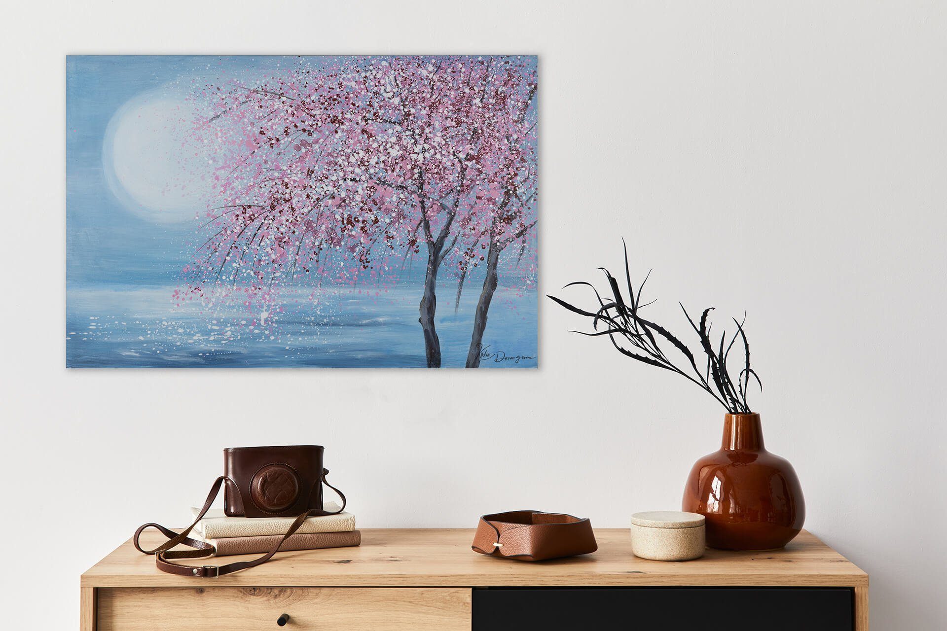 90x60 Kirschblütennacht Wandbild 100% KUNSTLOFT HANDGEMALT Gemälde Wohnzimmer cm, Leinwandbild