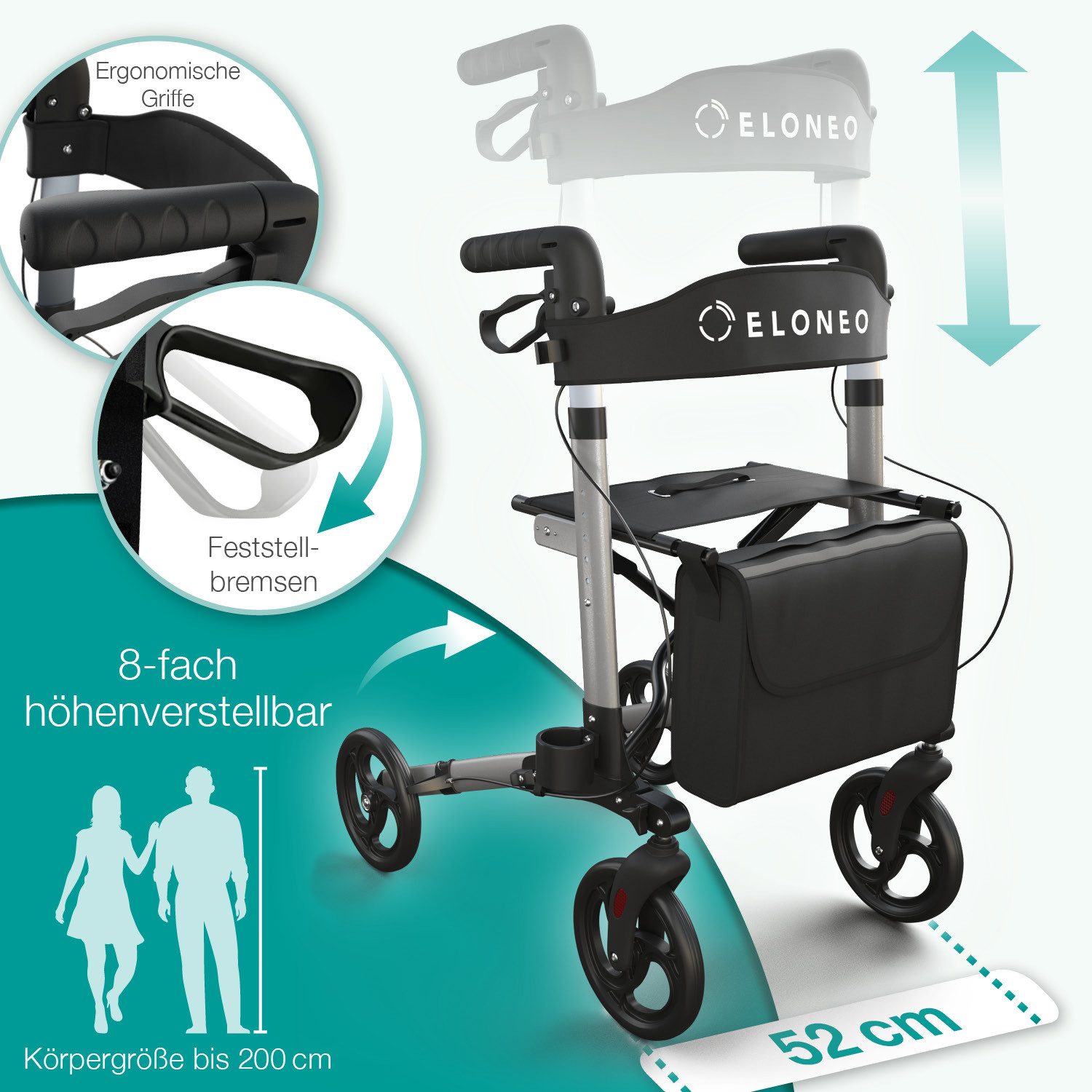 ELONEO Rollator leicht und faltbar mit Sitz, Gehhilfe 8-fach höhenverstellbar, Komfort-Sitz mit Stockhalter, Einkaufstasche & Rückengurt