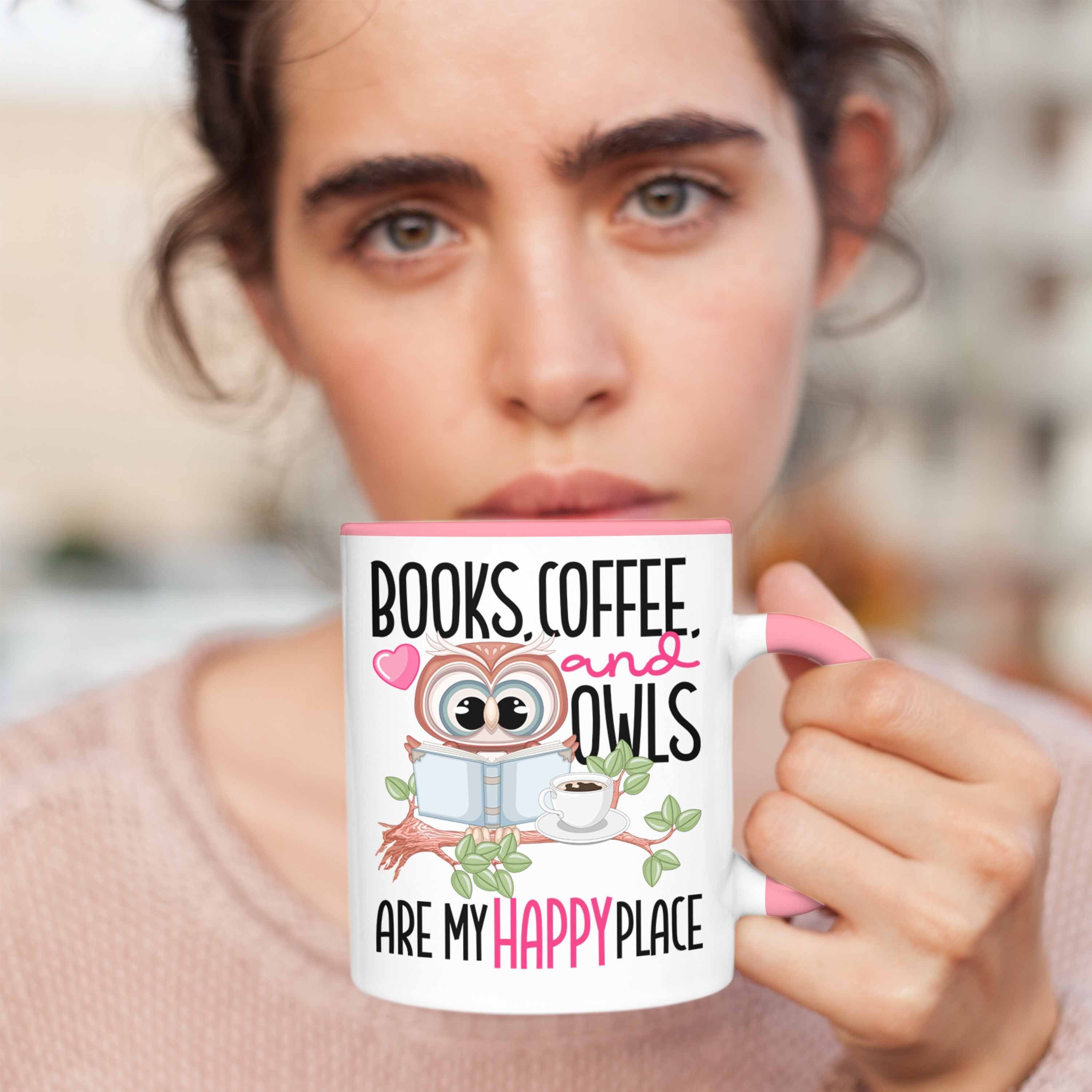 Trendation Tasse Bücher Kaffee Eulen Geschenk Rosa Leseratte Bücher Tasse Happy Place Lesen