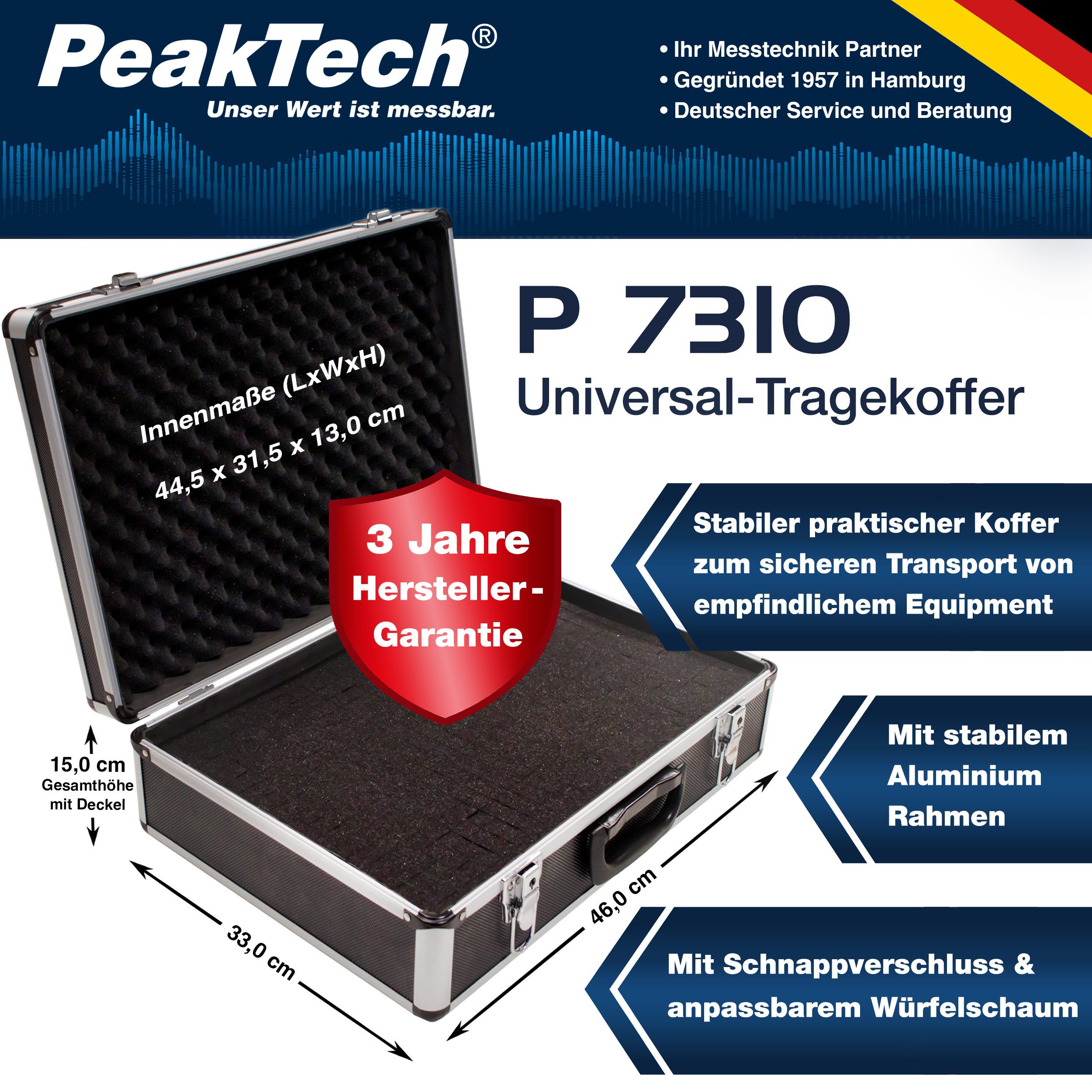 PeakTech Werkzeugkoffer Abschließbarer Universal-Transportkoffer Würfelschaum