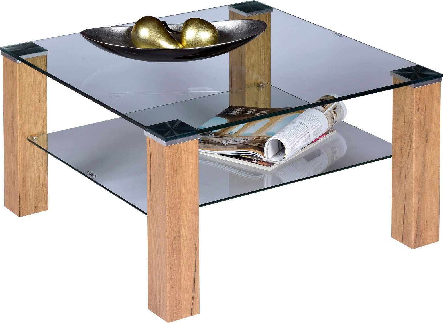 PRO Line Couchtisch, mit Glasplatte, Ablageboden aus Glas, Gestell aus Holz,  quadratisch | Couchtische