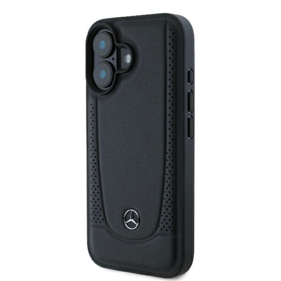 Mercedes Benz Handyhülle iPhone 16 Echtleder schwarz Stern Metall 6,1 Zoll, Kantenschutz