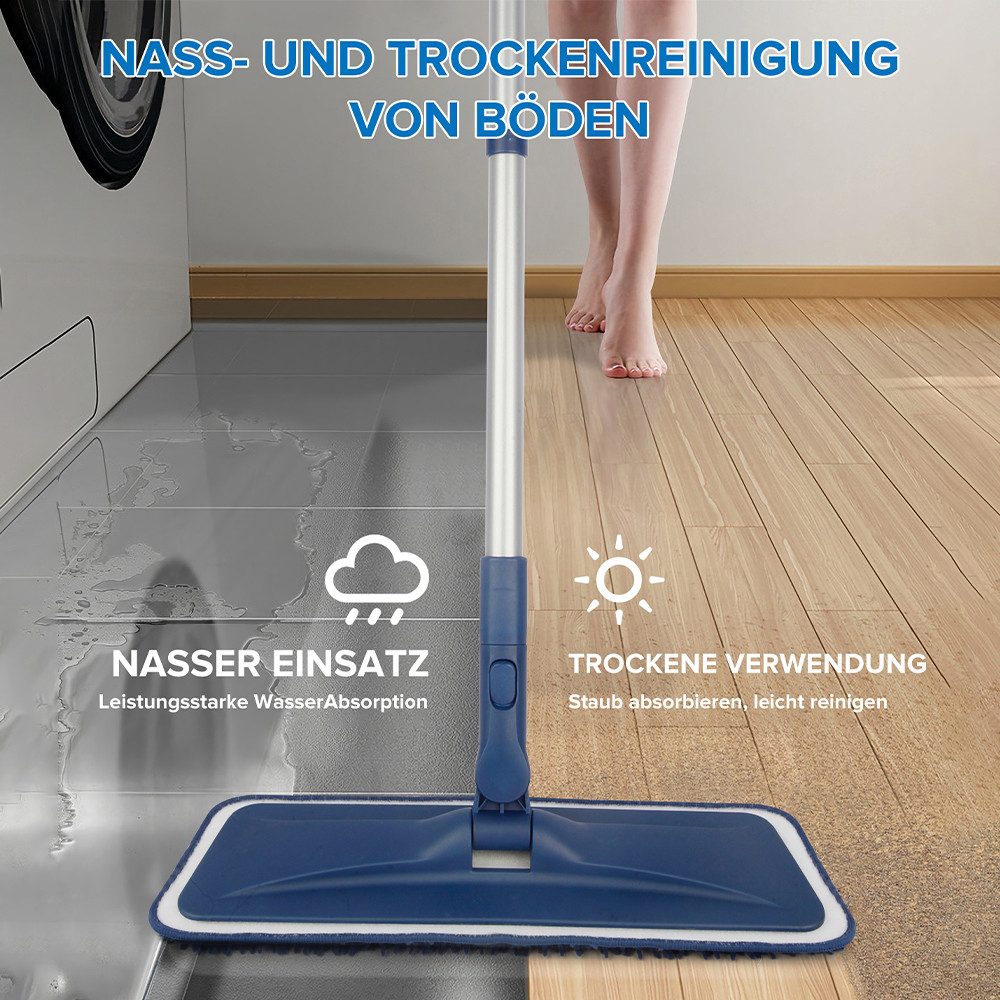 HUGERSTONE Wischmopp Bodenwischer mit 150cm langem Teleskopstiel und 4 Mikrofaser-Pads, (360° Drehbar Nass- und Trockenwischer), mit Schaber, Geeignet für alle glatten Böden