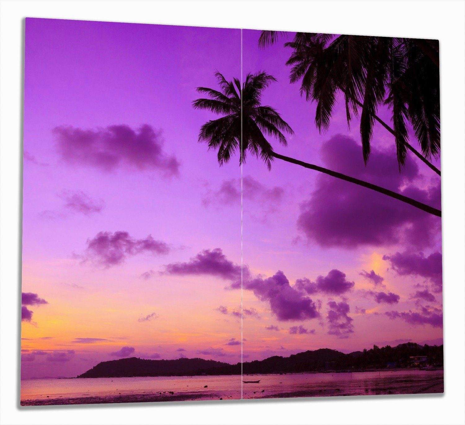 Wallario Herd-Abdeckplatte Sonnenuntergang unter Palmen Himmel in lila und orange, ESG-Sicherheitsglas, (Glasplatte, 2 tlg., inkl. 5mm Noppen), verschiedene Größen