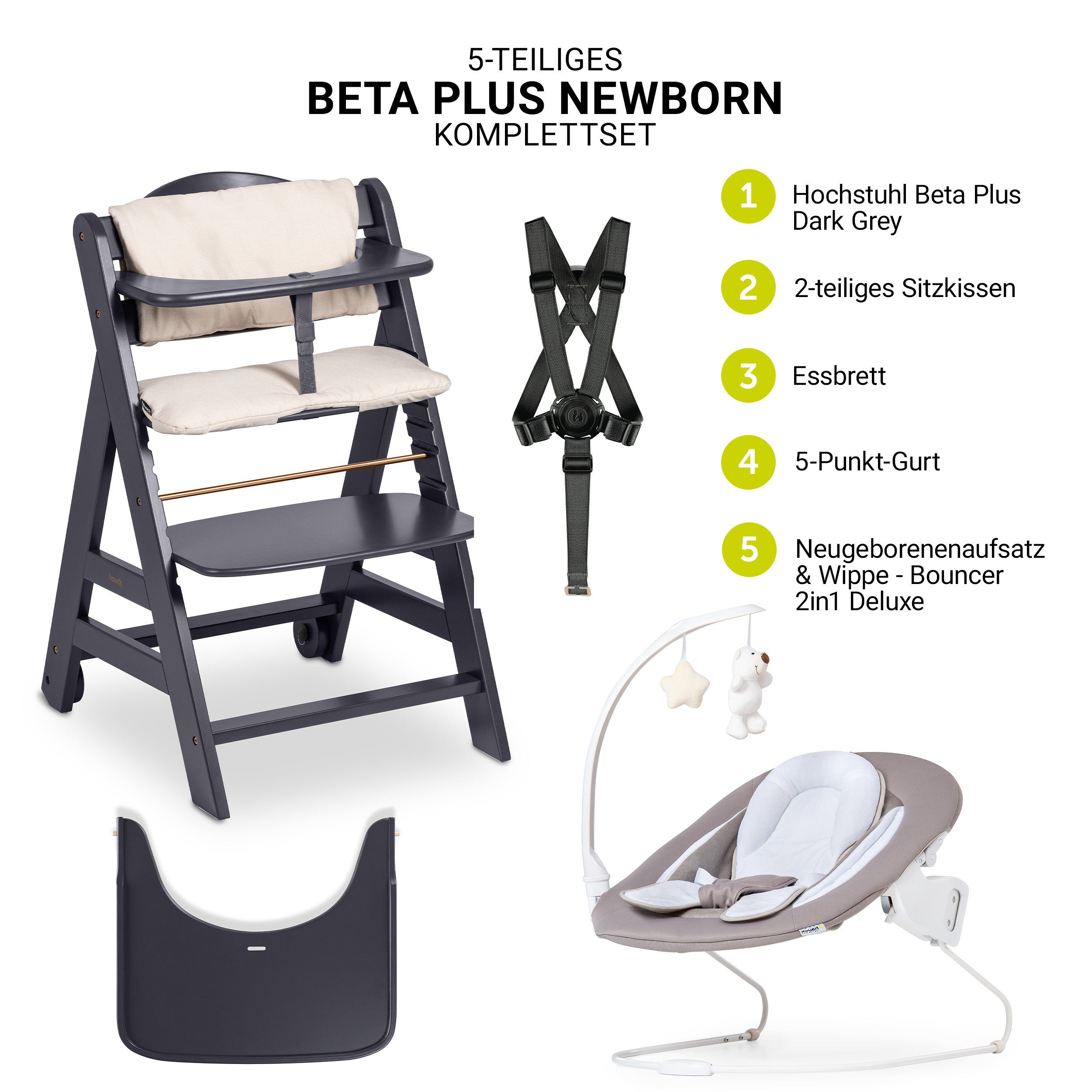 Hauck Hochstuhl Beta Plus Newborn Dark Grey Newborn Set - Deluxe, Holz Babystuhl ab Geburt mit Neugeborenenaufsatz, Sitzkissen, Essbrett