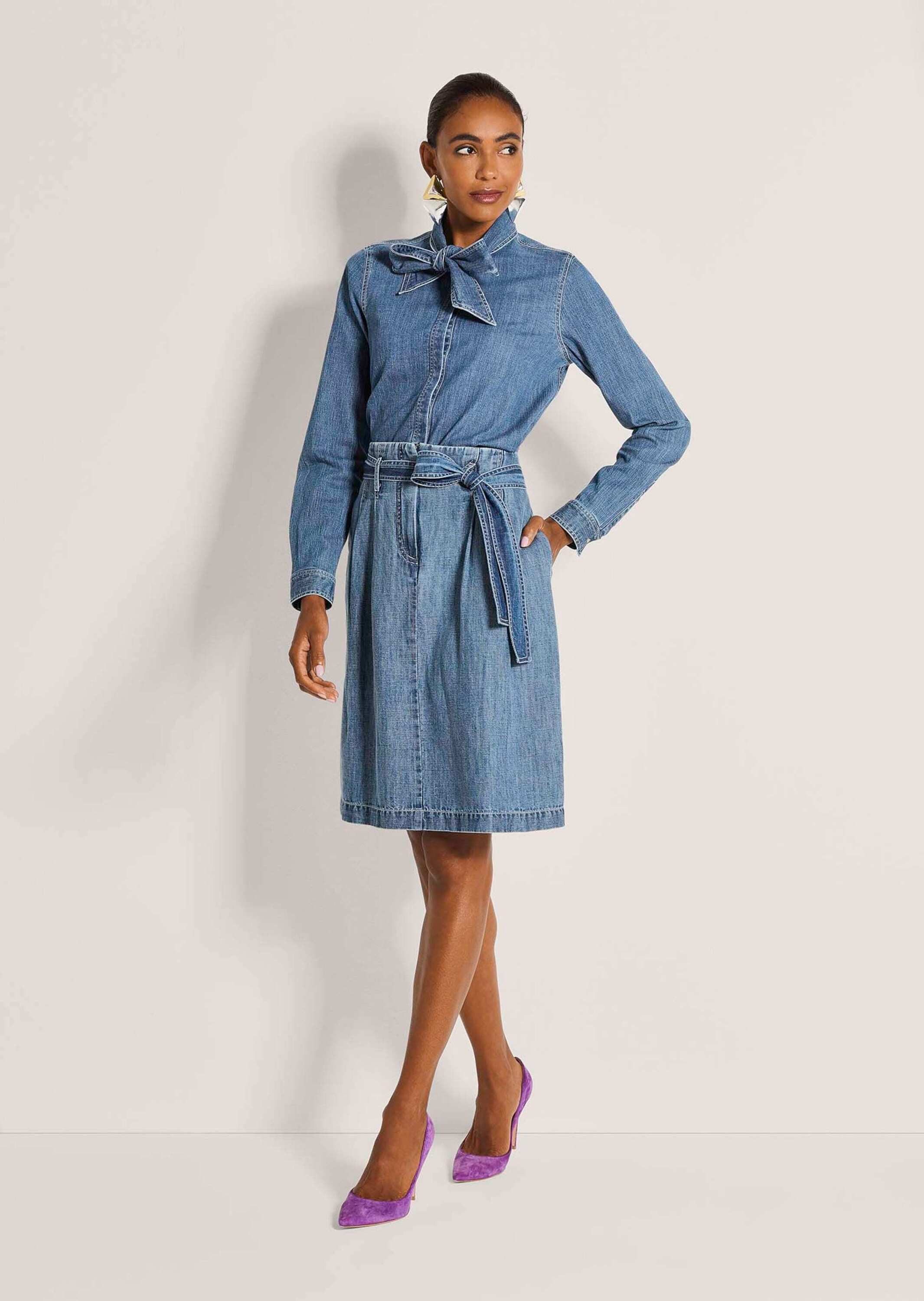 MADELEINE Gerade Jeans Baumwollrock mit Bundfalten Bundloser Midirock mit Gürtelschlaufen, Bindegürtel und Knielänge